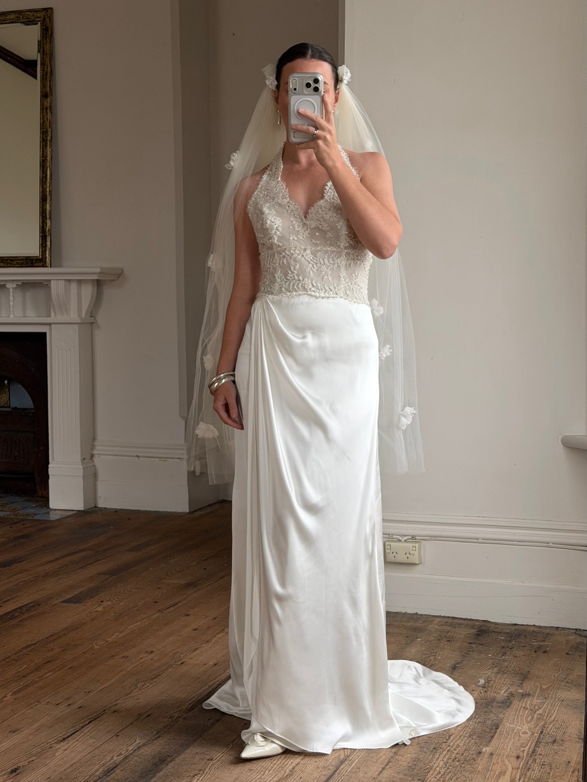 Vintage Reworked White Tulle Bridal Veil with 3D Flowers