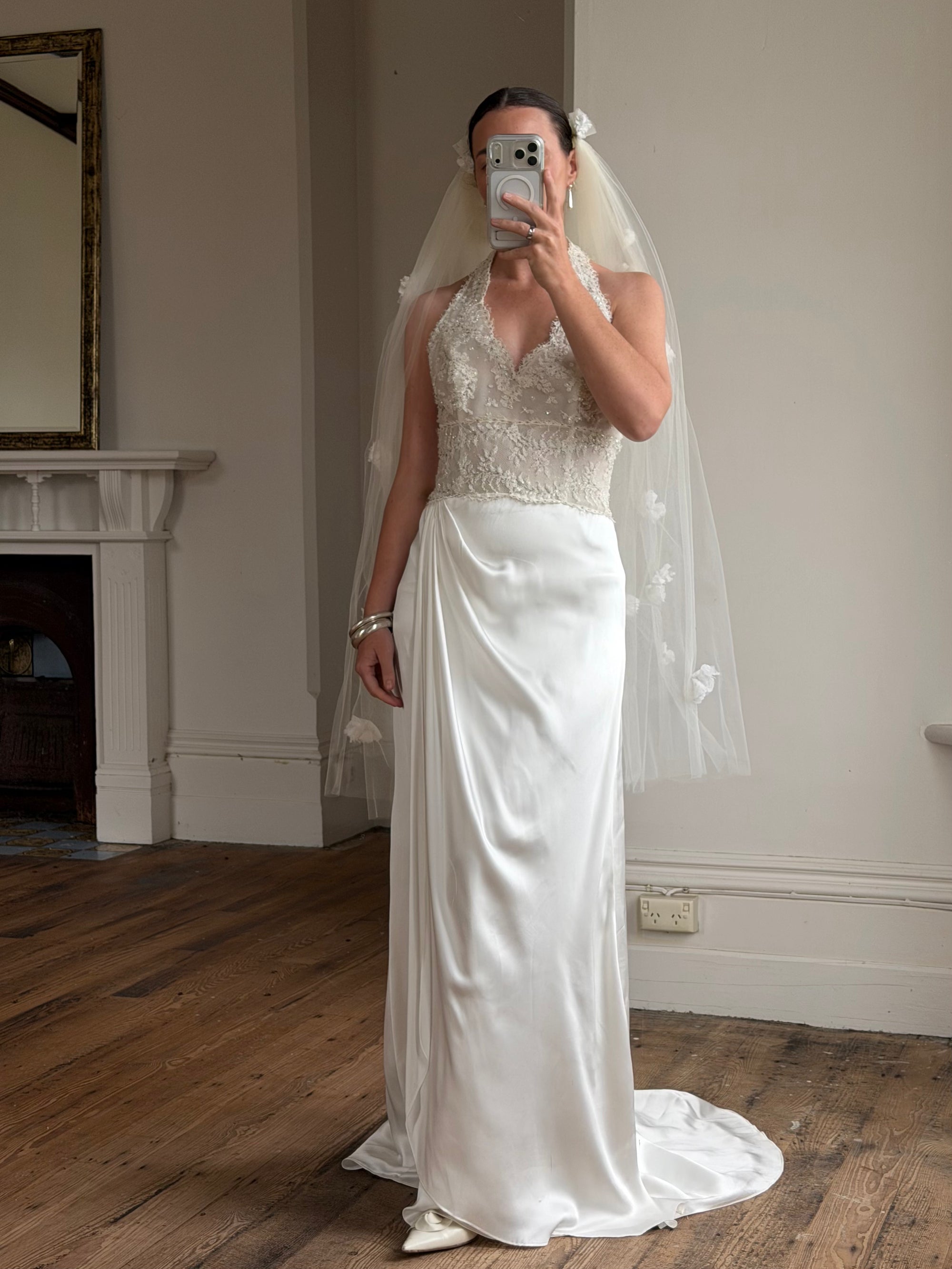 Vintage Reworked White Tulle Bridal Veil with 3D Flowers