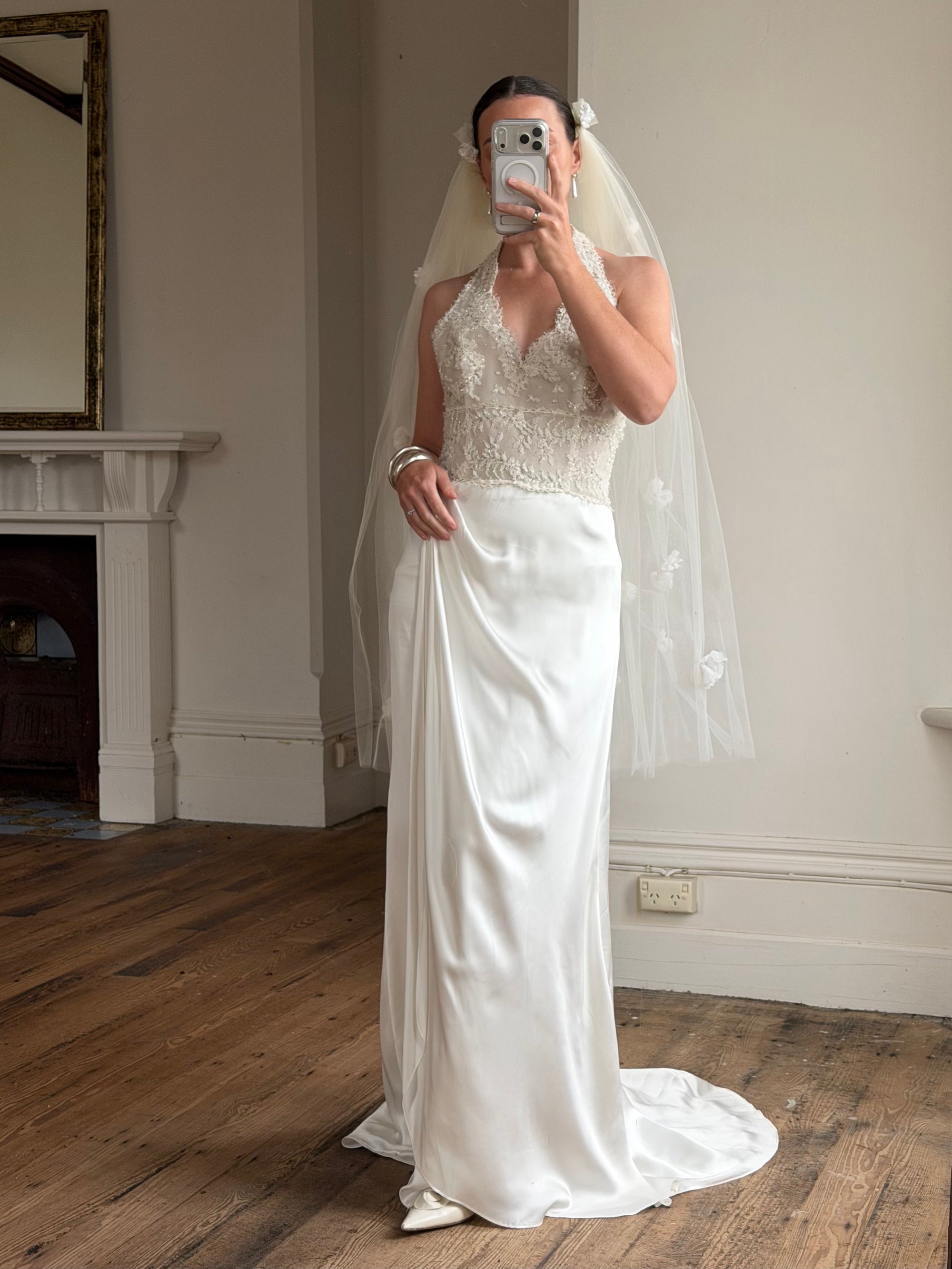 Vintage Reworked White Tulle Bridal Veil with 3D Flowers
