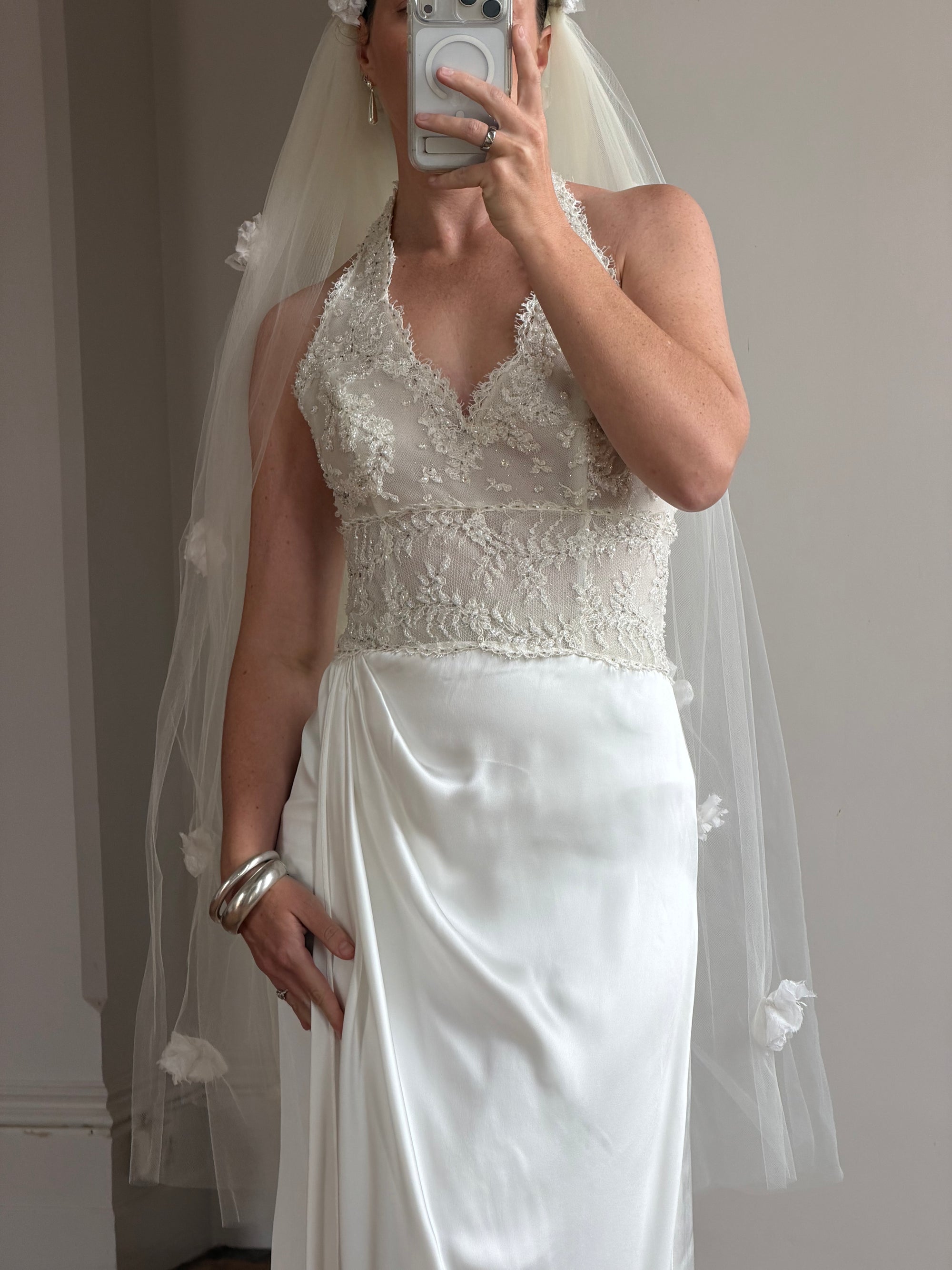 Vintage 90s Draped Satin Sequin Halter Wedding Gown