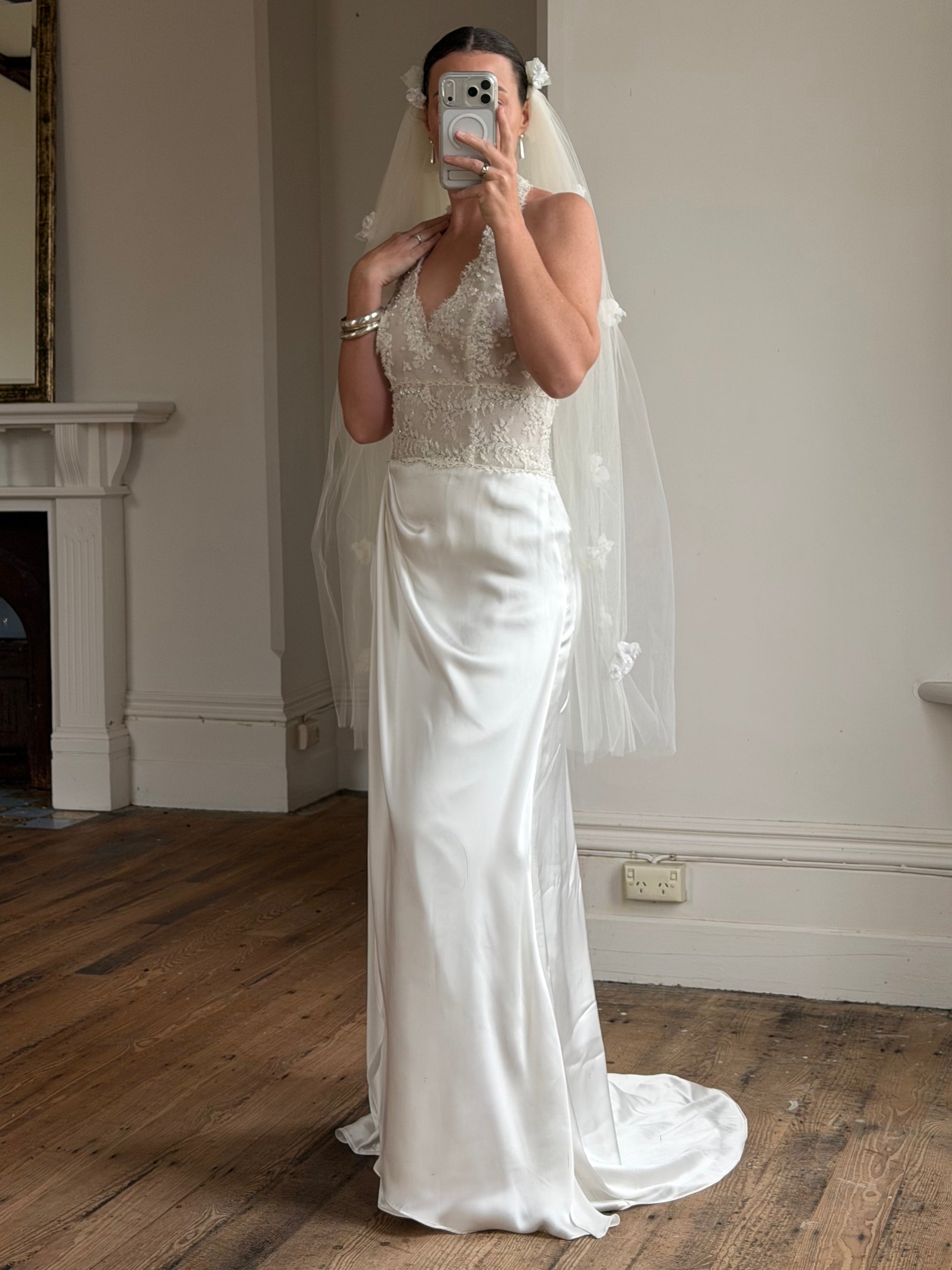 Vintage Reworked White Tulle Bridal Veil with 3D Flowers