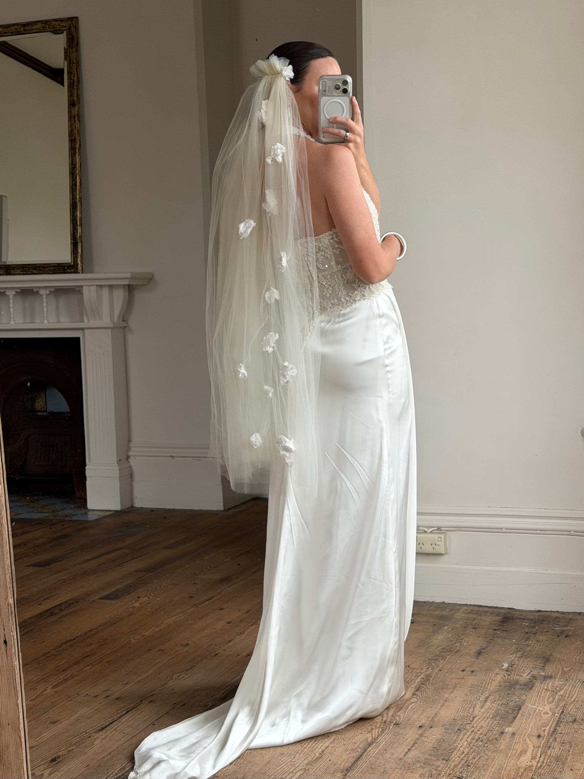 Vintage 90s Draped Satin Sequin Halter Wedding Gown