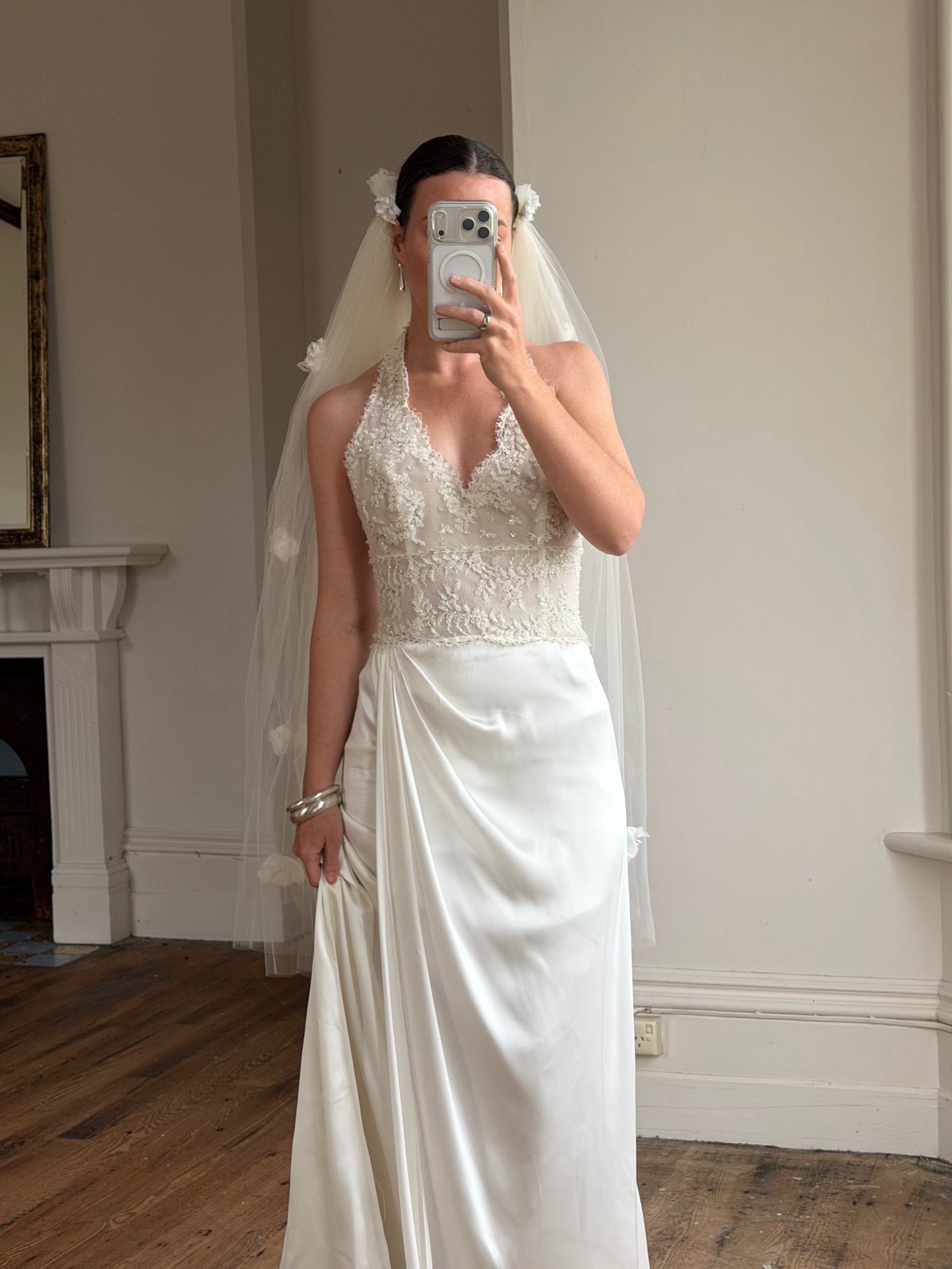 Vintage Reworked White Tulle Bridal Veil with 3D Flowers