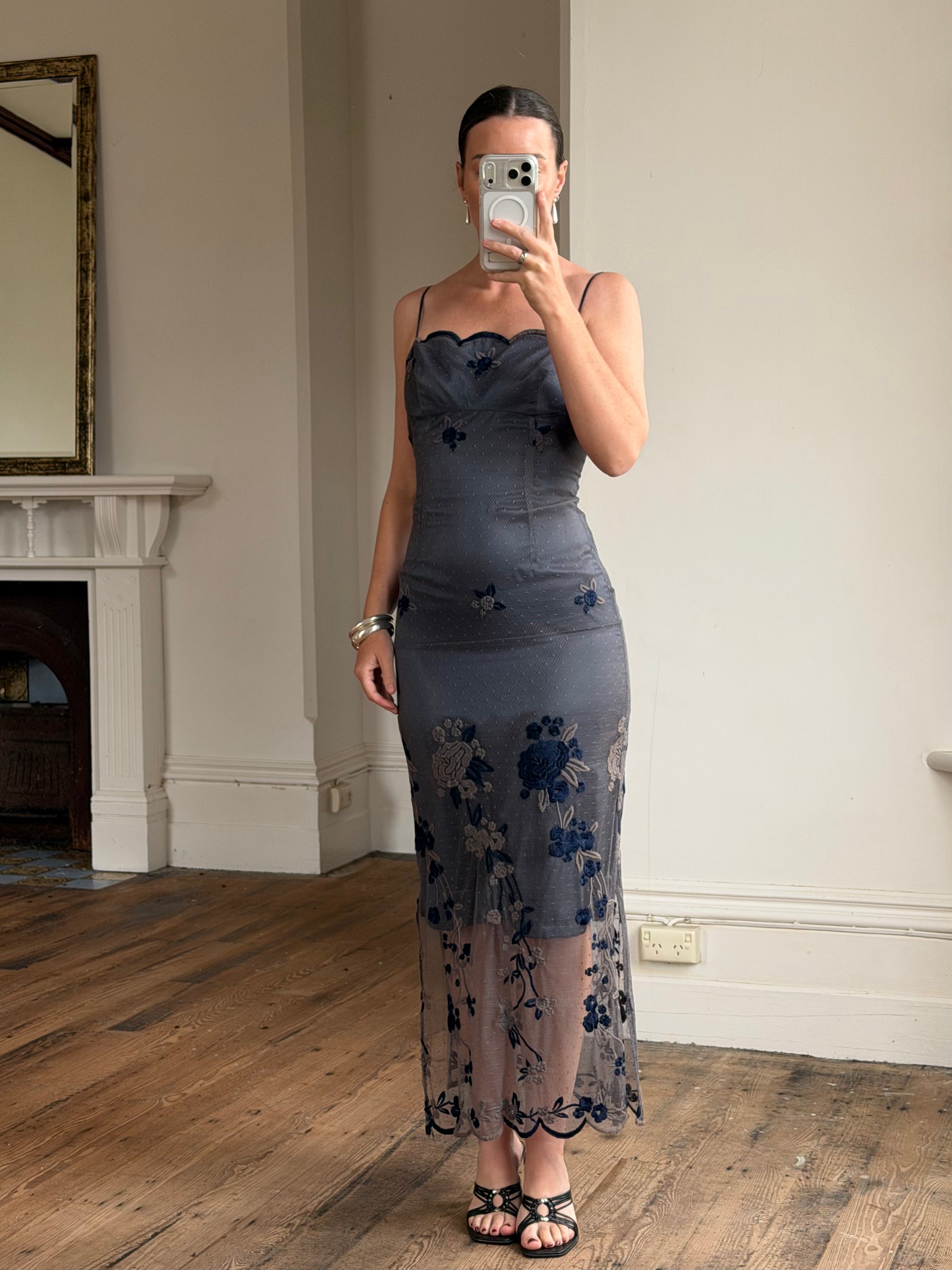 Vintage 90s Navy Floral Mesh Maxi Slip Dress