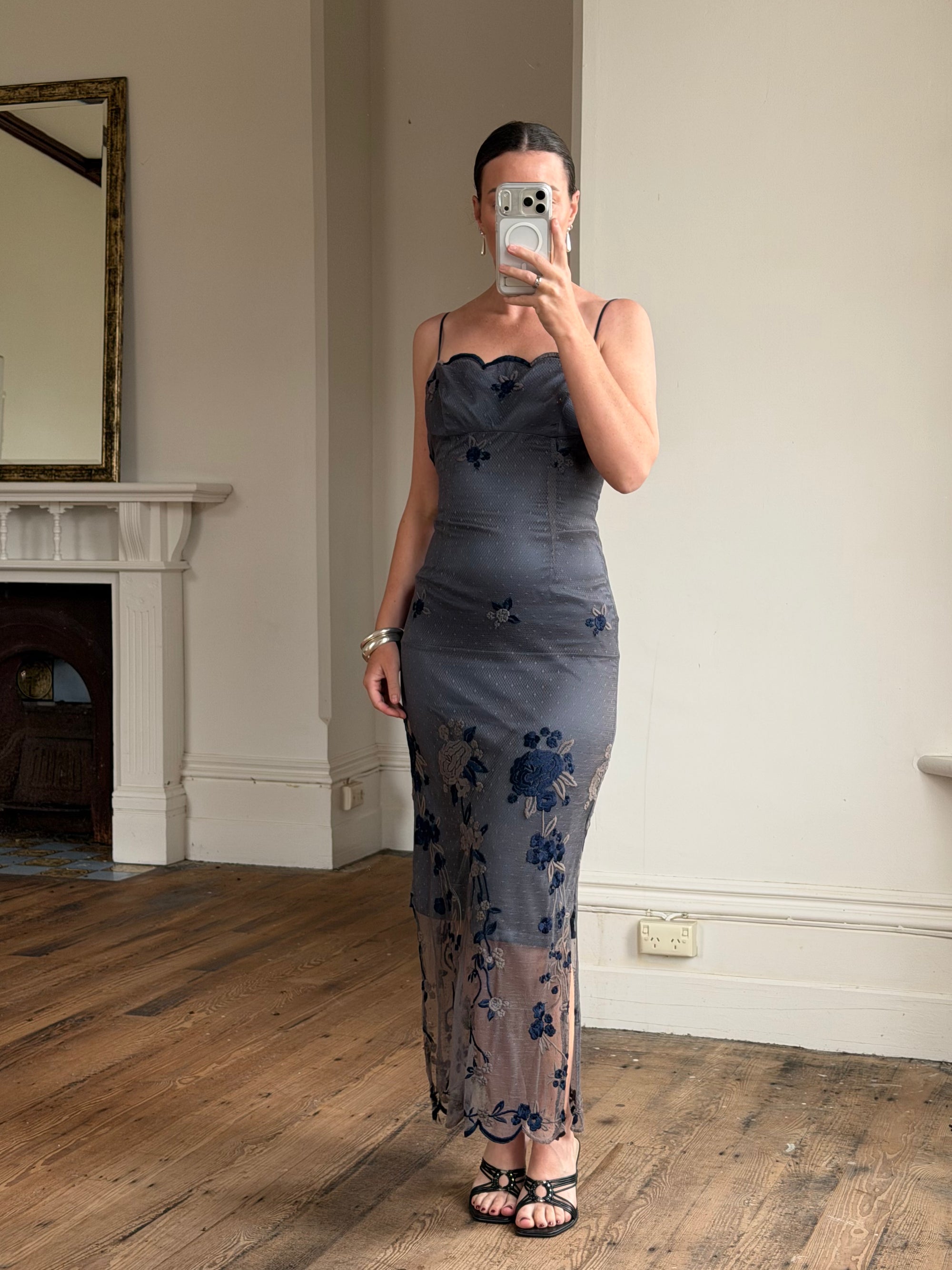 Vintage 90s Navy Floral Mesh Maxi Slip Dress