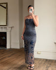 Vintage 90s Navy Floral Mesh Maxi Slip Dress
