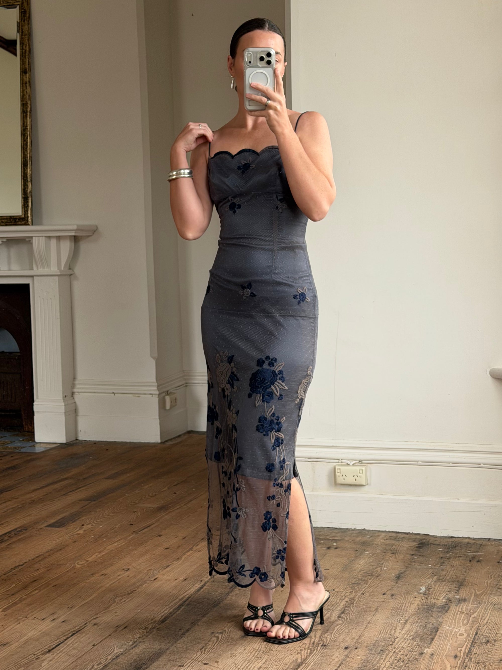 Vintage 90s Navy Floral Mesh Maxi Slip Dress