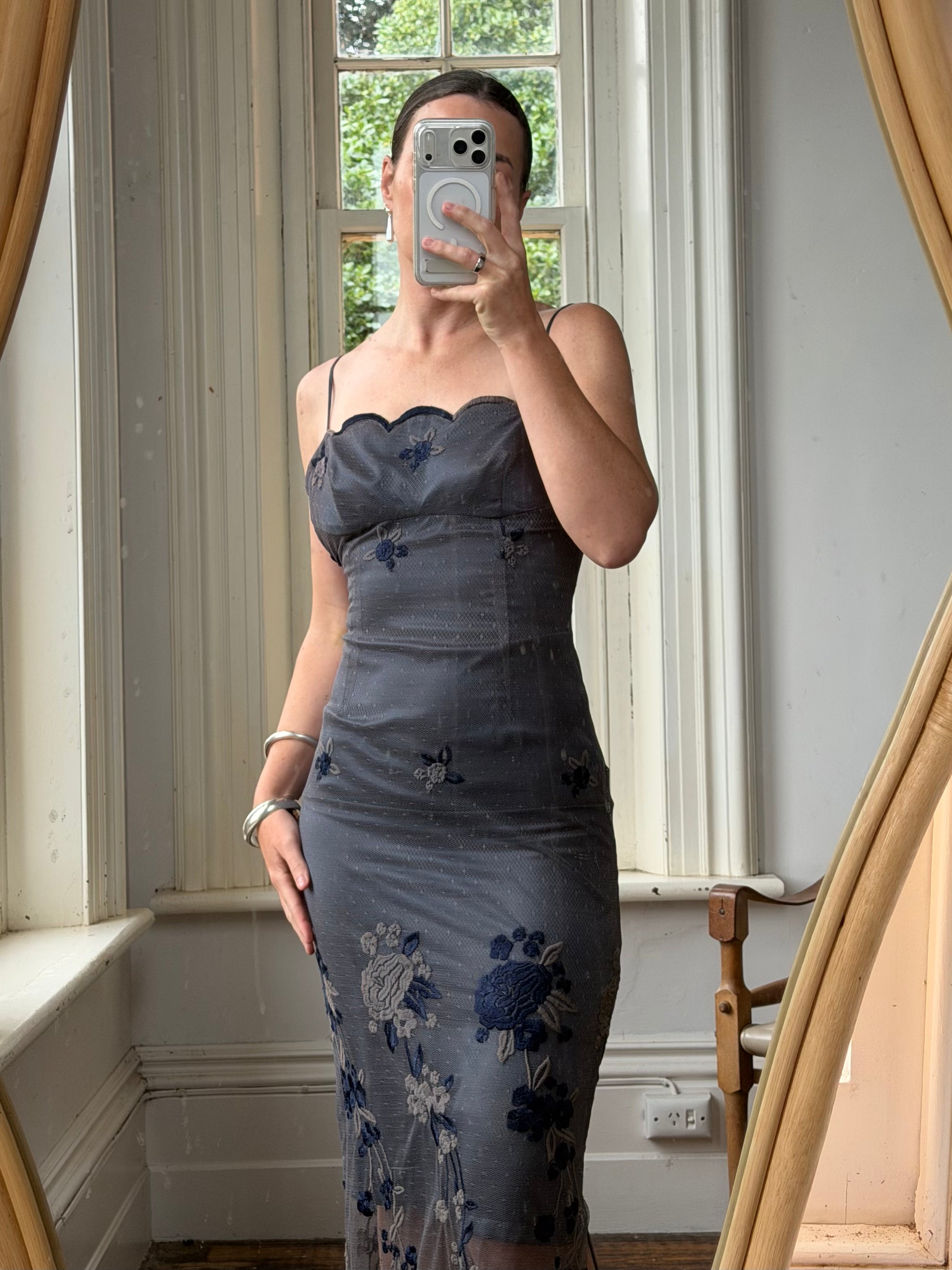 Vintage 90s Navy Floral Mesh Maxi Slip Dress