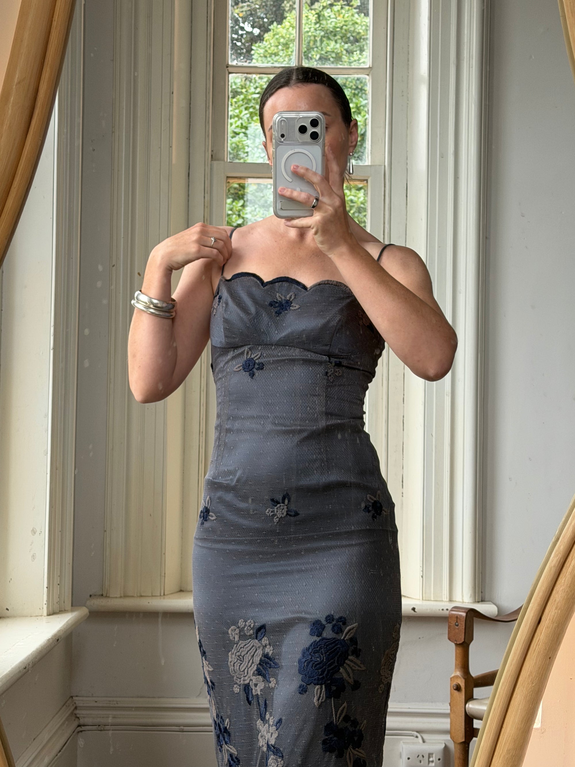 Vintage 90s Navy Floral Mesh Maxi Slip Dress