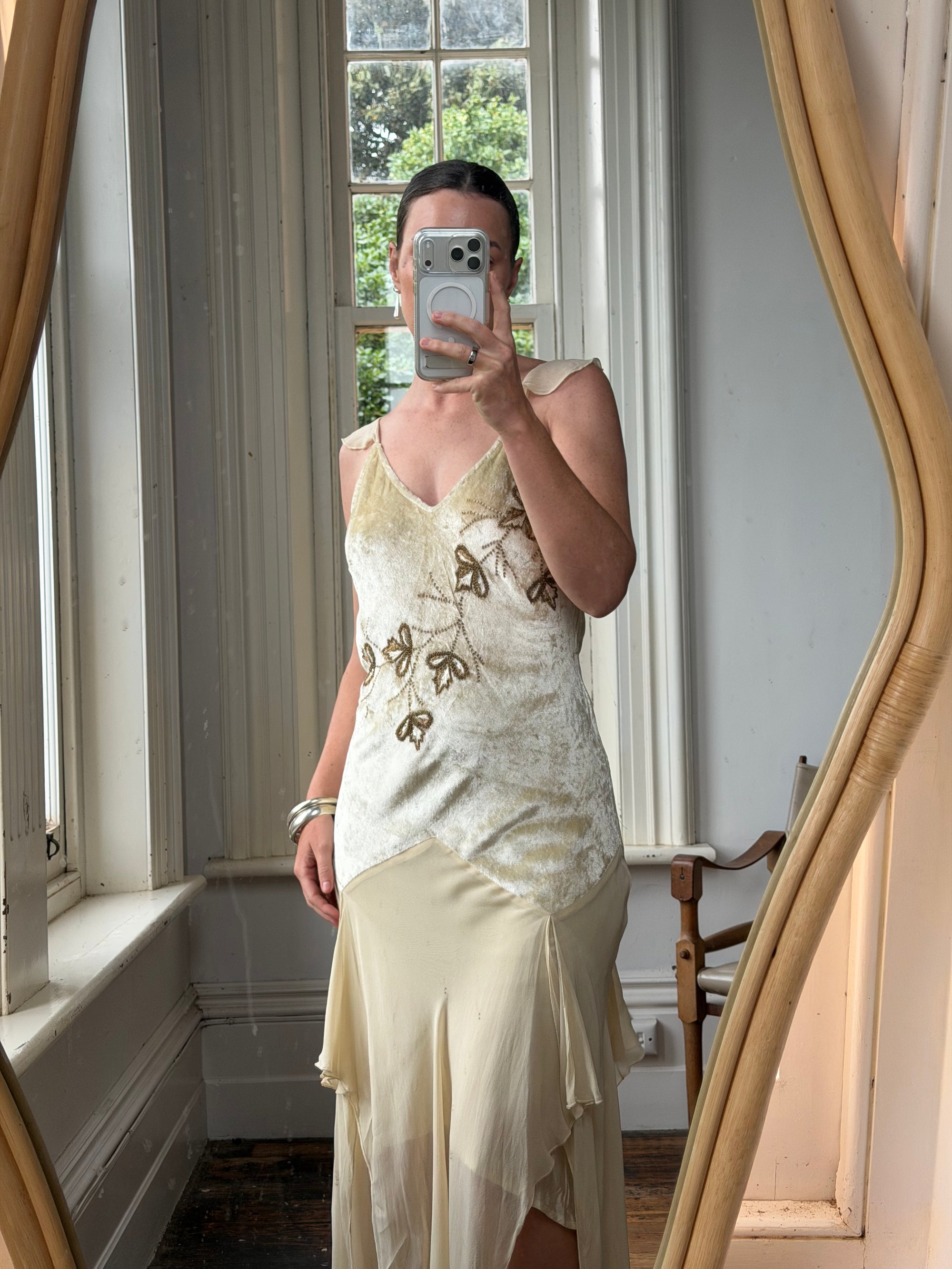 Vintage Y2K Velvet Chiffon Butterfly Print Handkerchief Hem Dress