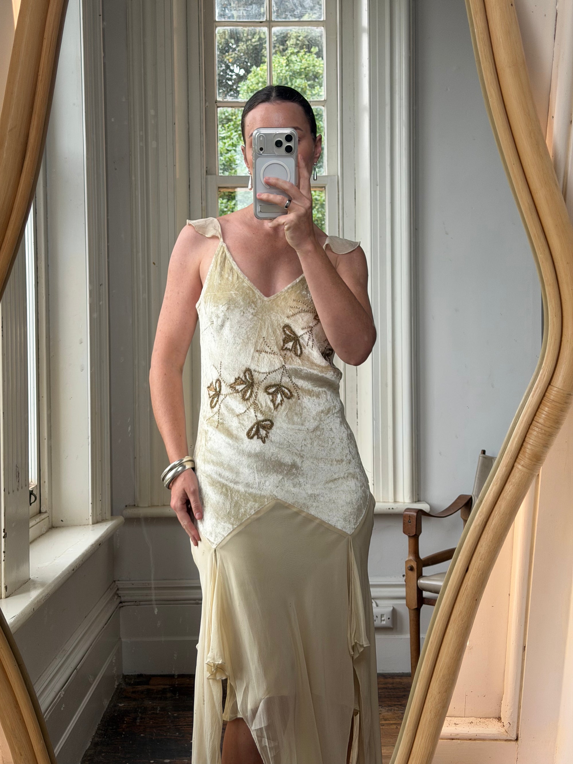 Vintage Y2K Velvet Chiffon Butterfly Print Handkerchief Hem Dress