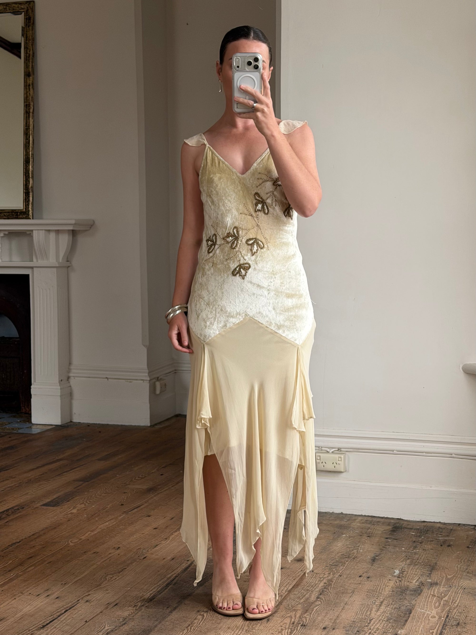 Vintage Y2K Velvet Chiffon Butterfly Print Handkerchief Hem Dress