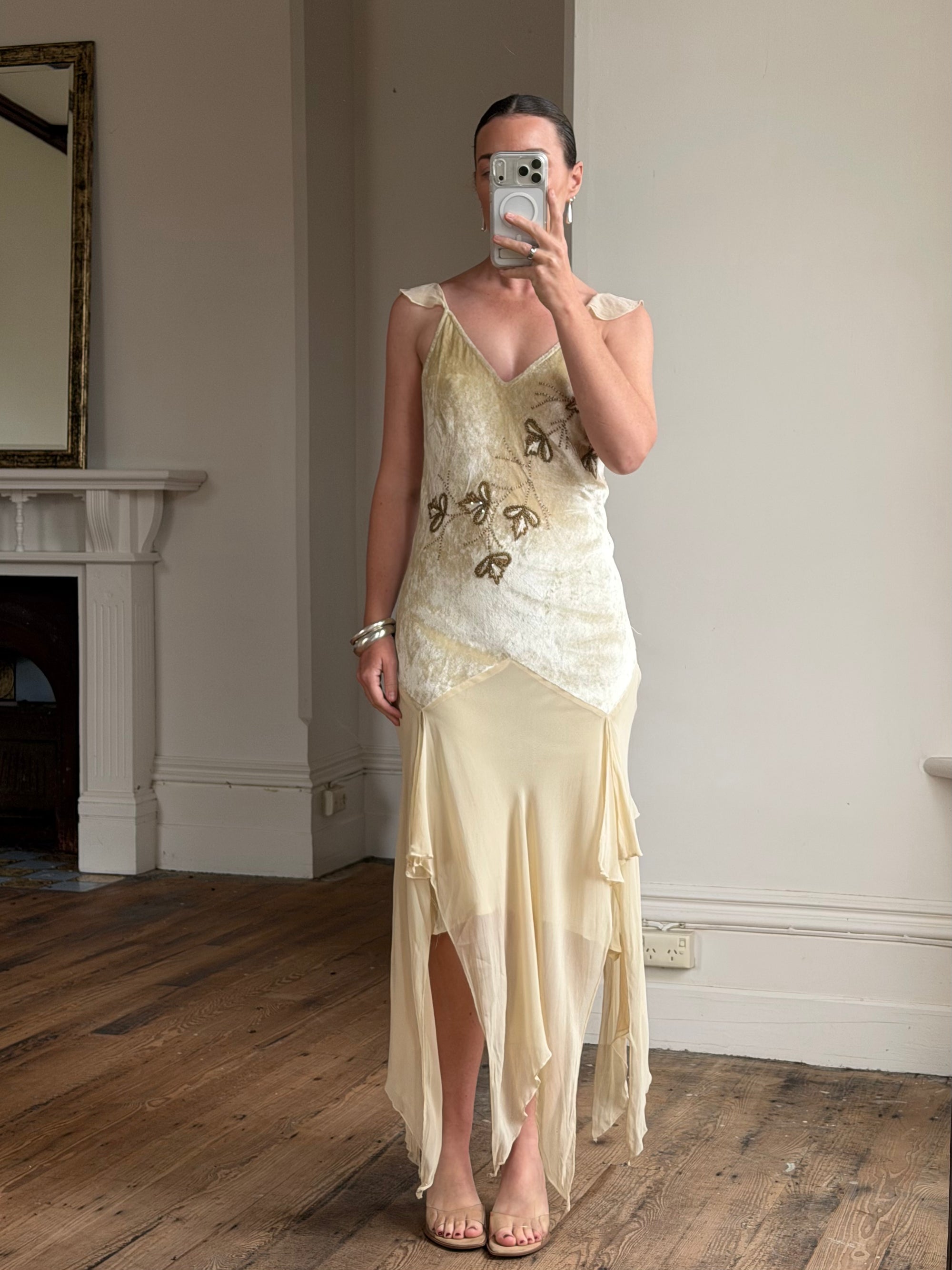 Vintage Y2K Velvet Chiffon Butterfly Print Handkerchief Hem Dress