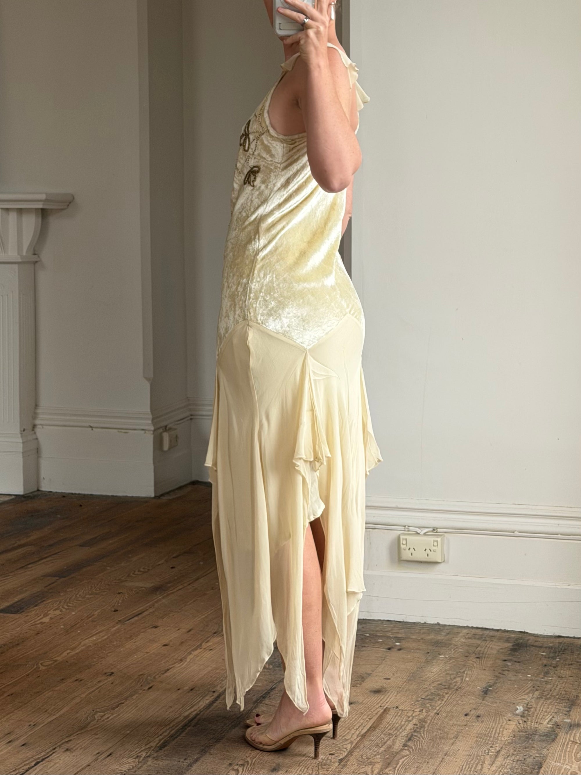 Vintage Y2K Velvet Chiffon Butterfly Print Handkerchief Hem Dress