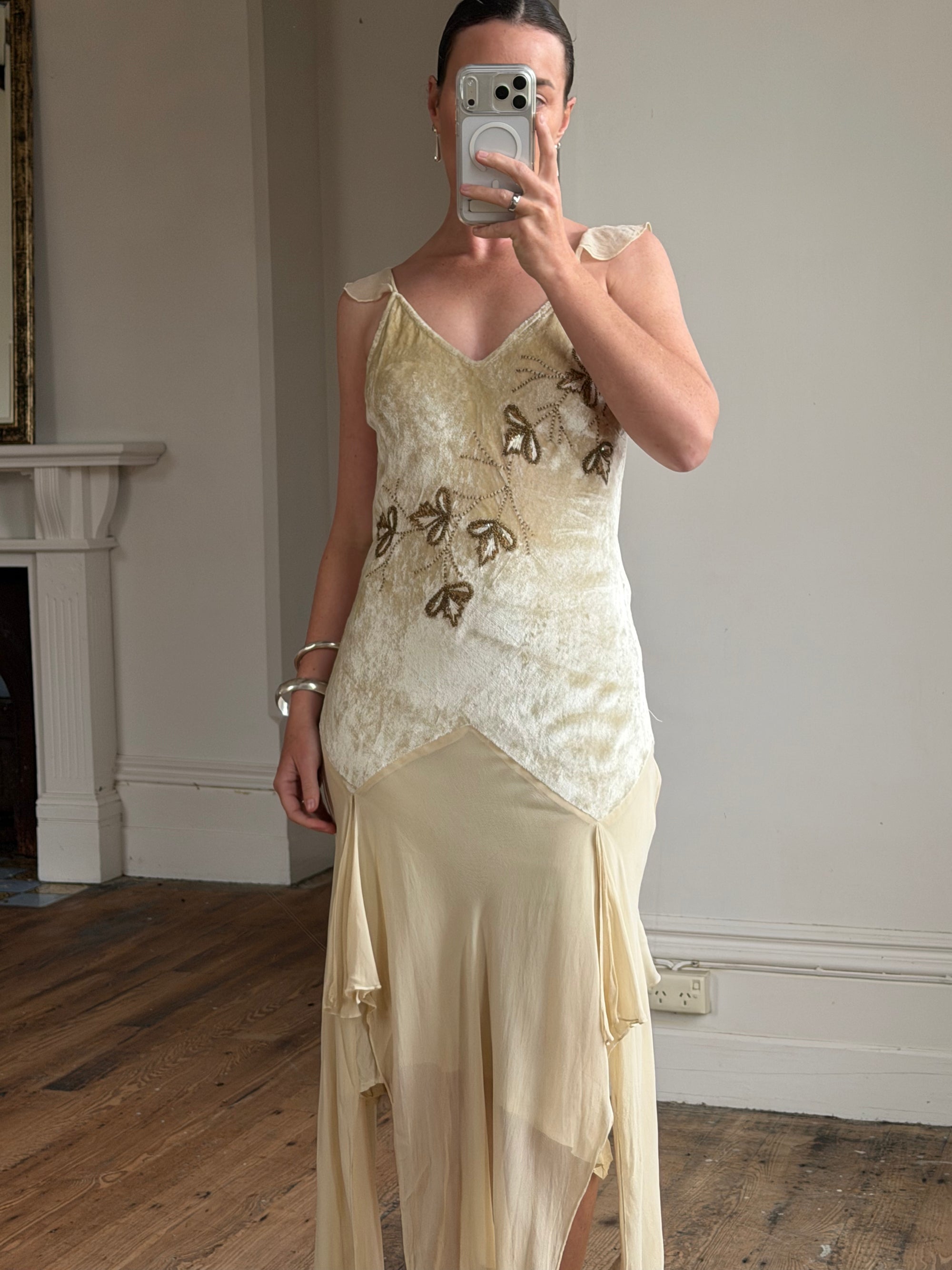 Vintage Y2K Velvet Chiffon Butterfly Print Handkerchief Hem Dress