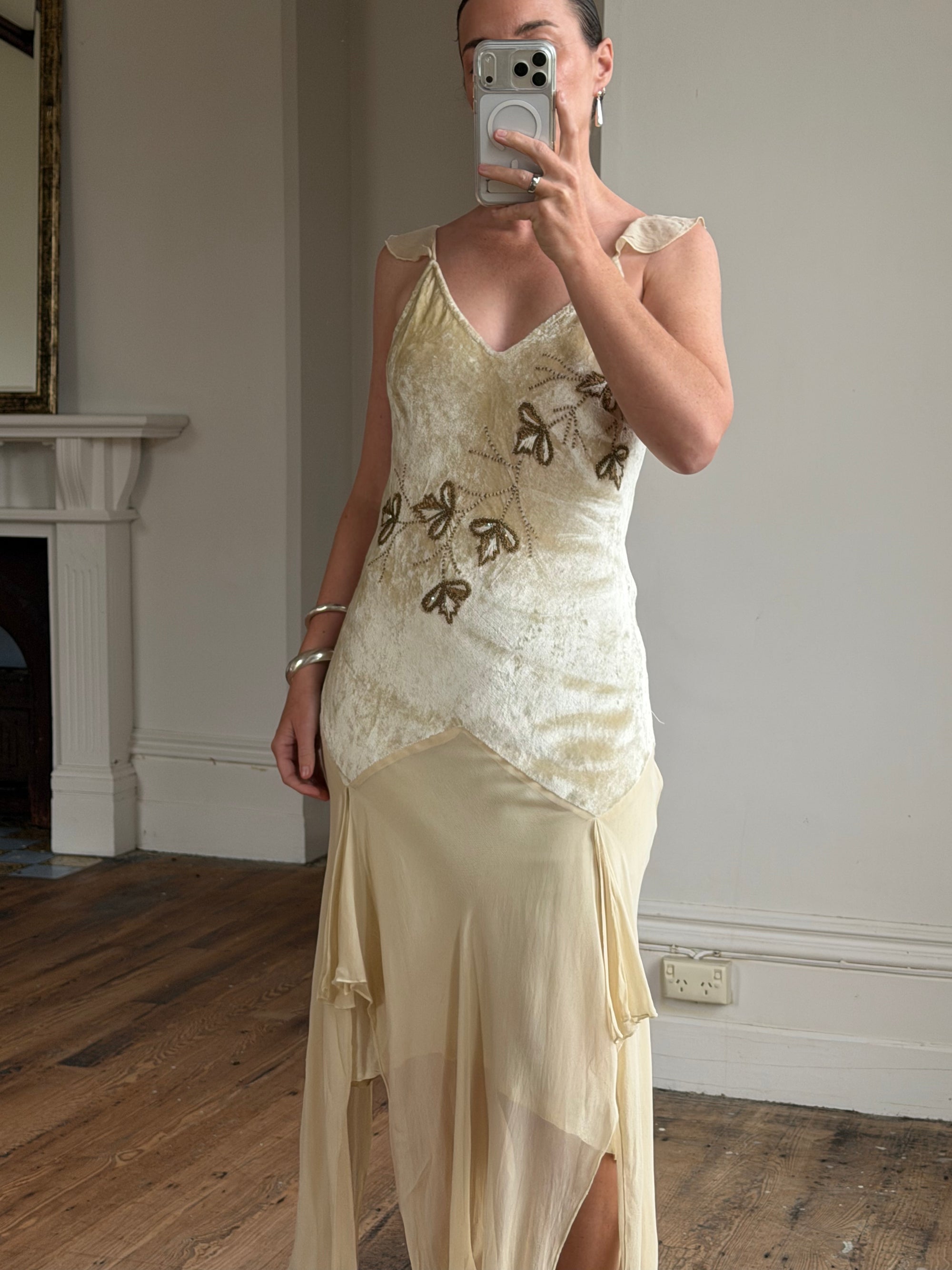 Vintage Y2K Velvet Chiffon Butterfly Print Handkerchief Hem Dress