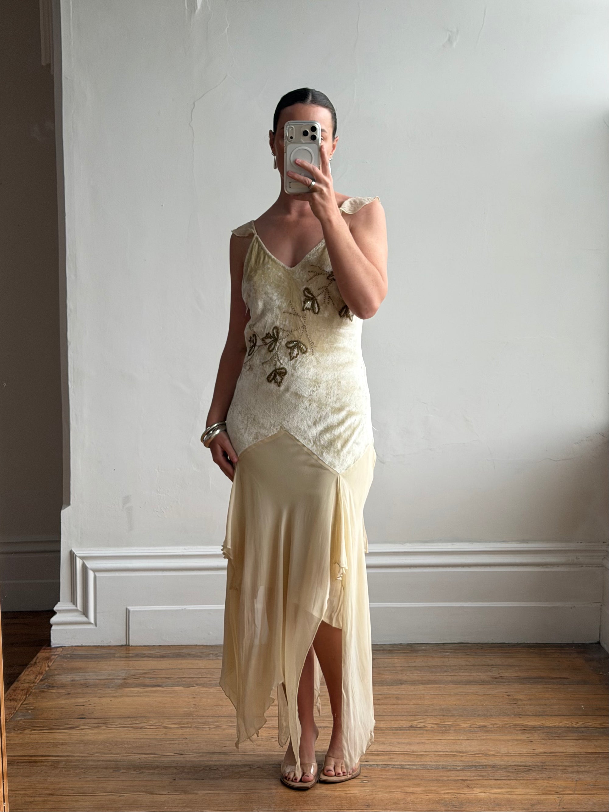 Vintage Y2K Velvet Chiffon Butterfly Print Handkerchief Hem Dress