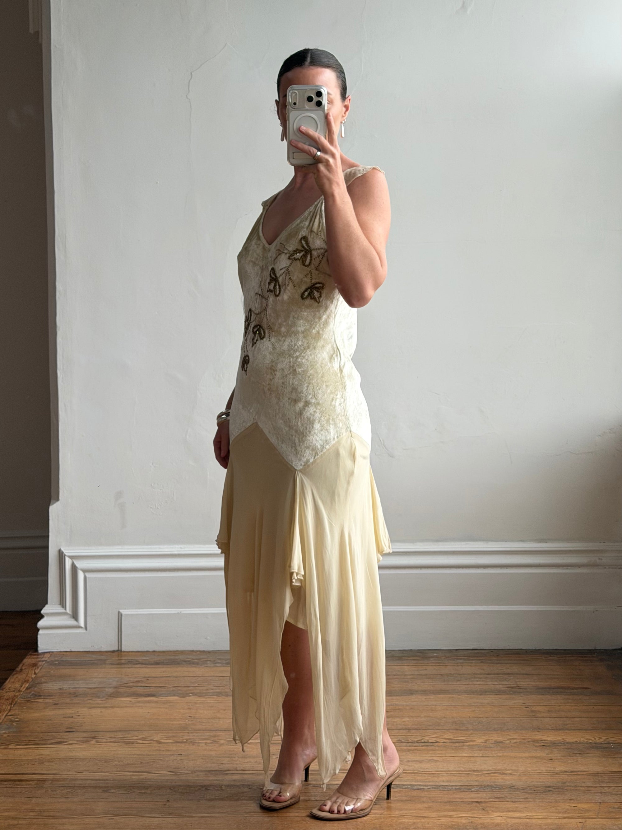Vintage Y2K Velvet Chiffon Butterfly Print Handkerchief Hem Dress
