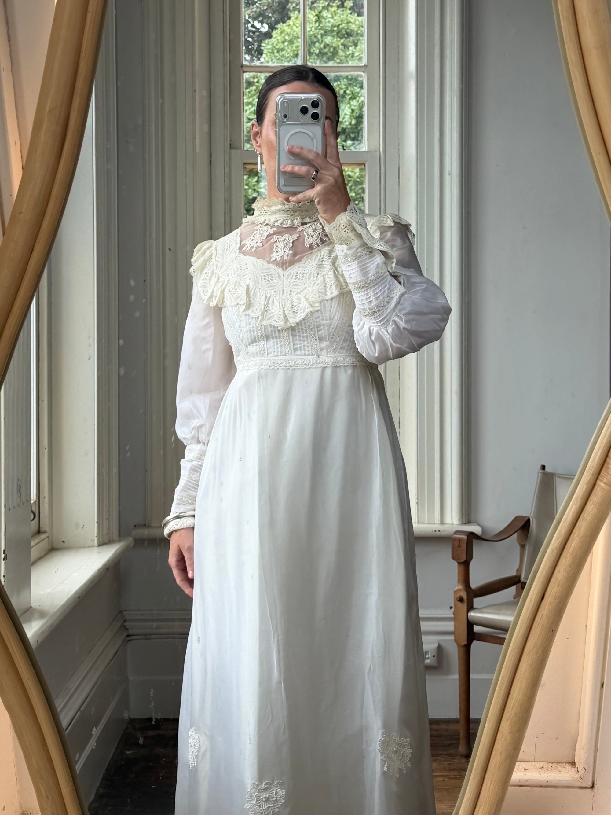 Vintage 60s Lace Yoke Pintuck Embroidered Prairie Wedding Dress