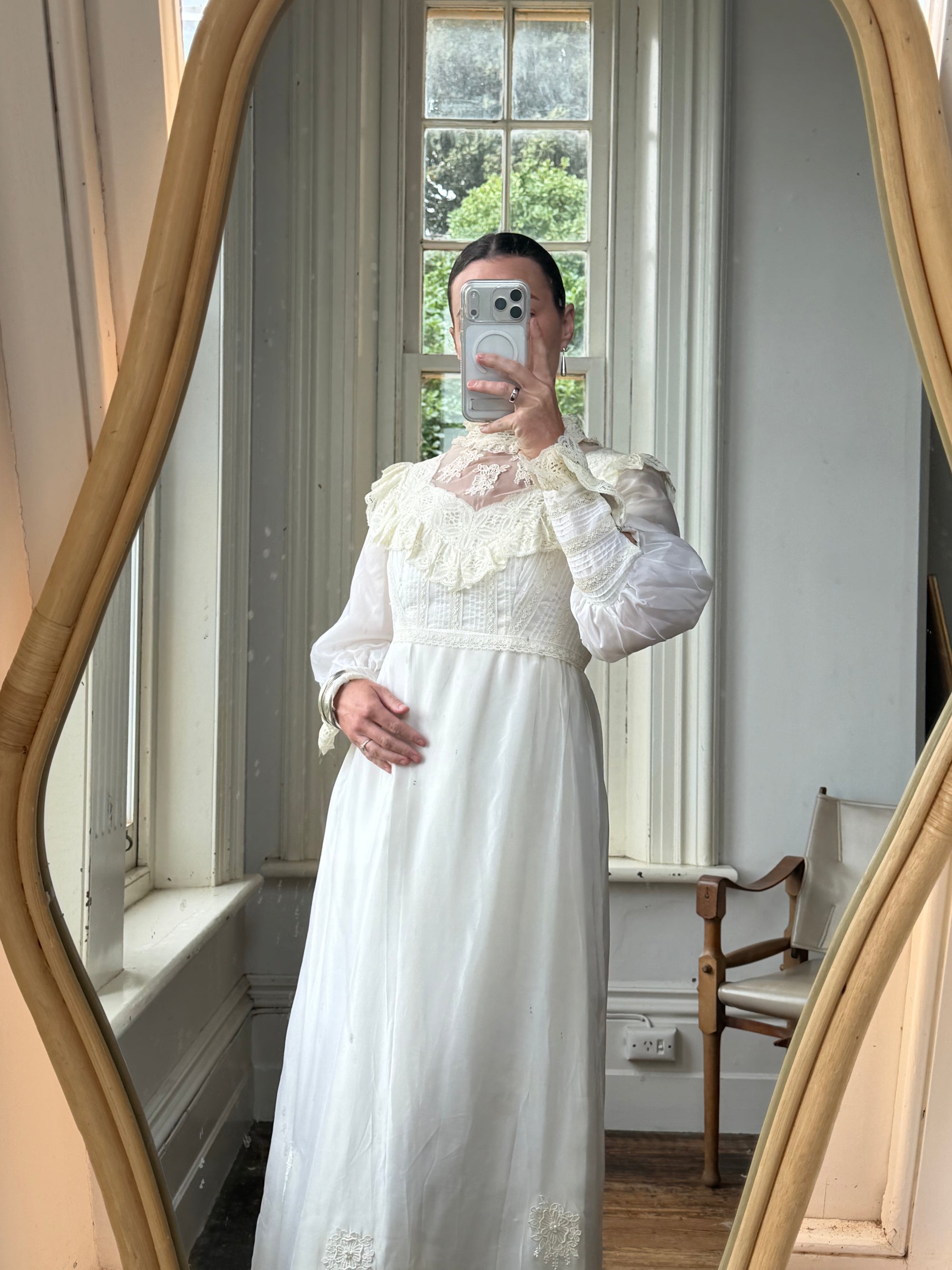 Vintage 60s Lace Yoke Pintuck Embroidered Prairie Wedding Dress
