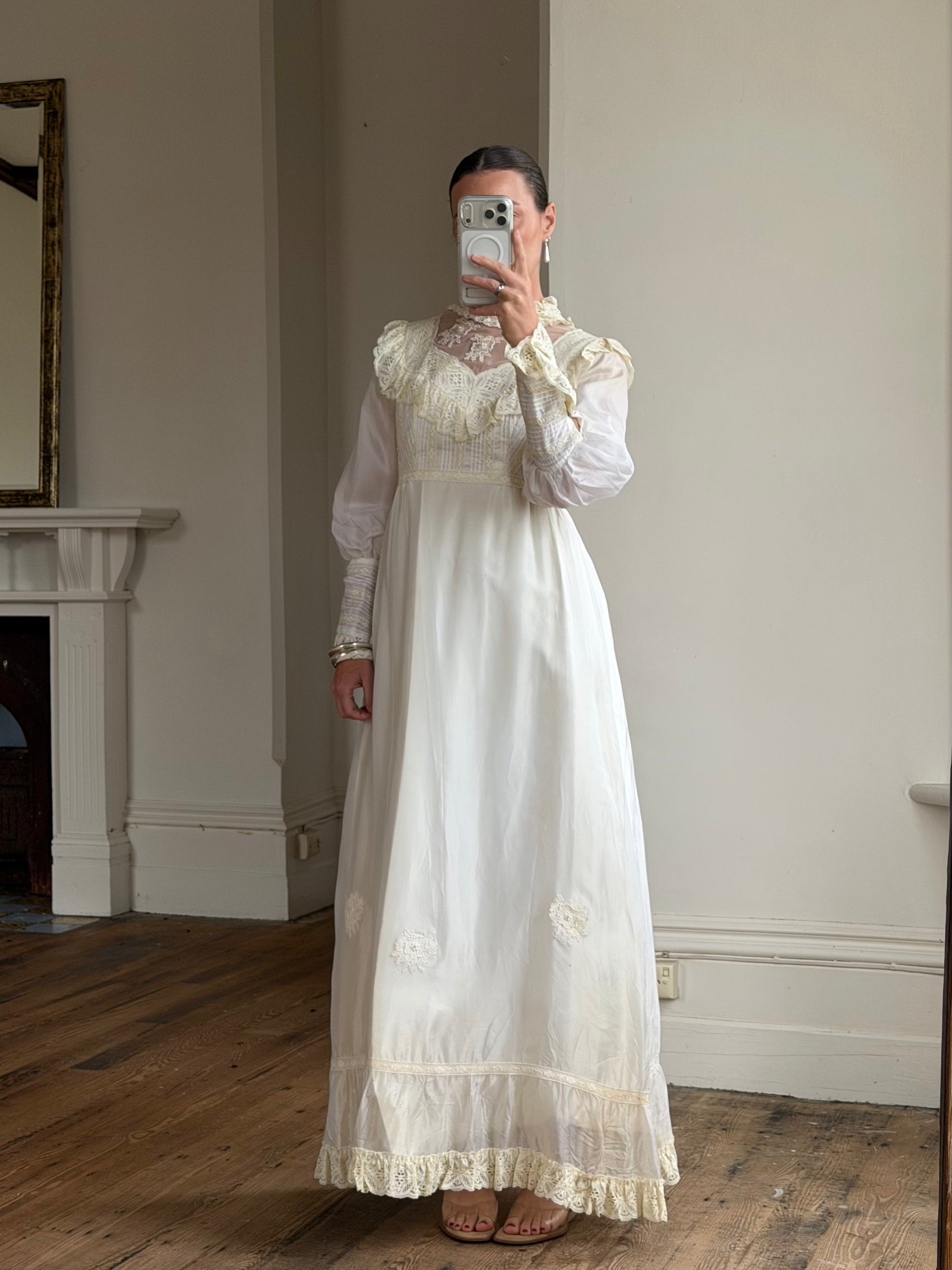 Vintage 60s Lace Yoke Pintuck Embroidered Prairie Wedding Dress