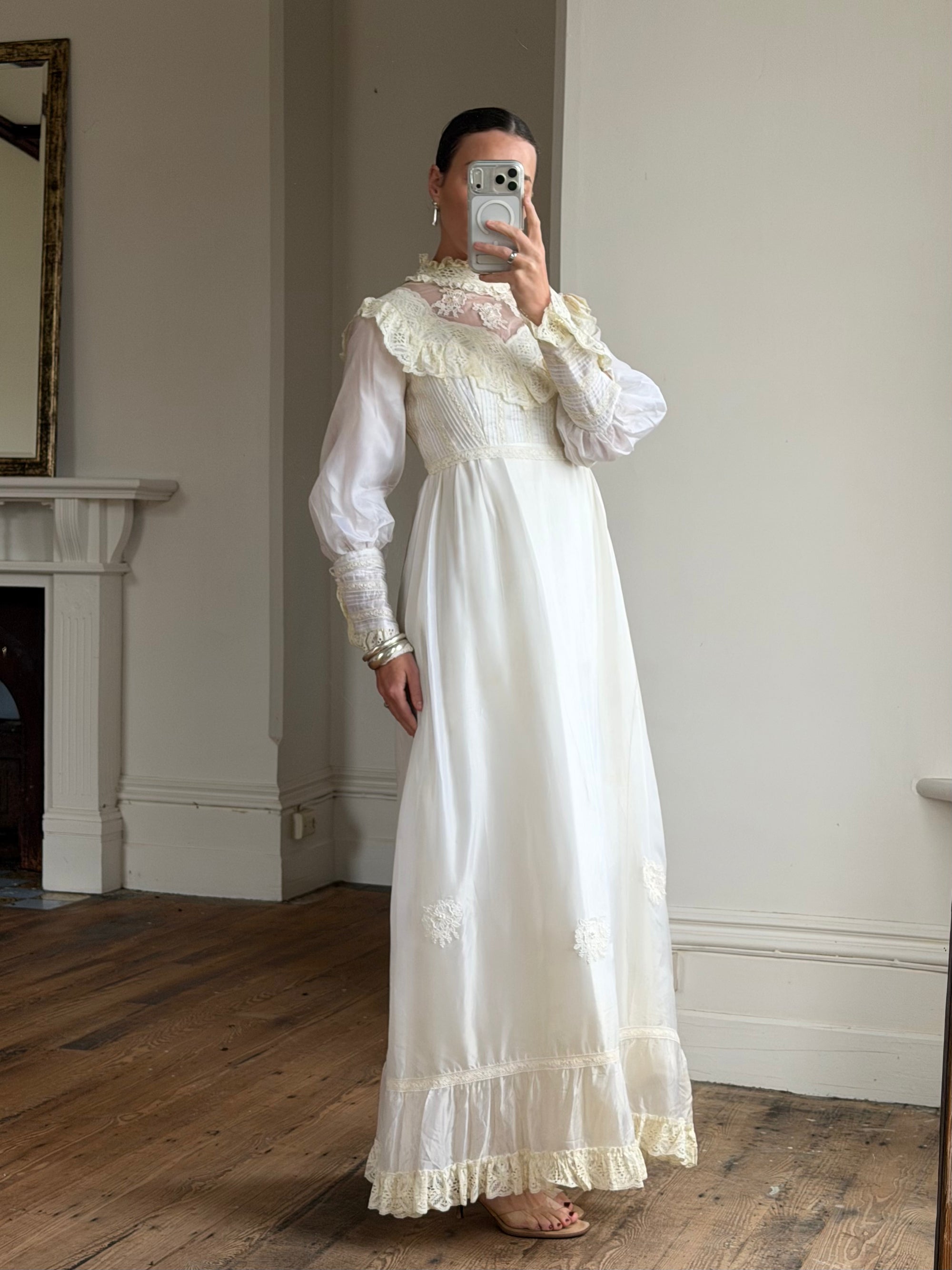 Vintage 60s Lace Yoke Pintuck Embroidered Prairie Wedding Dress