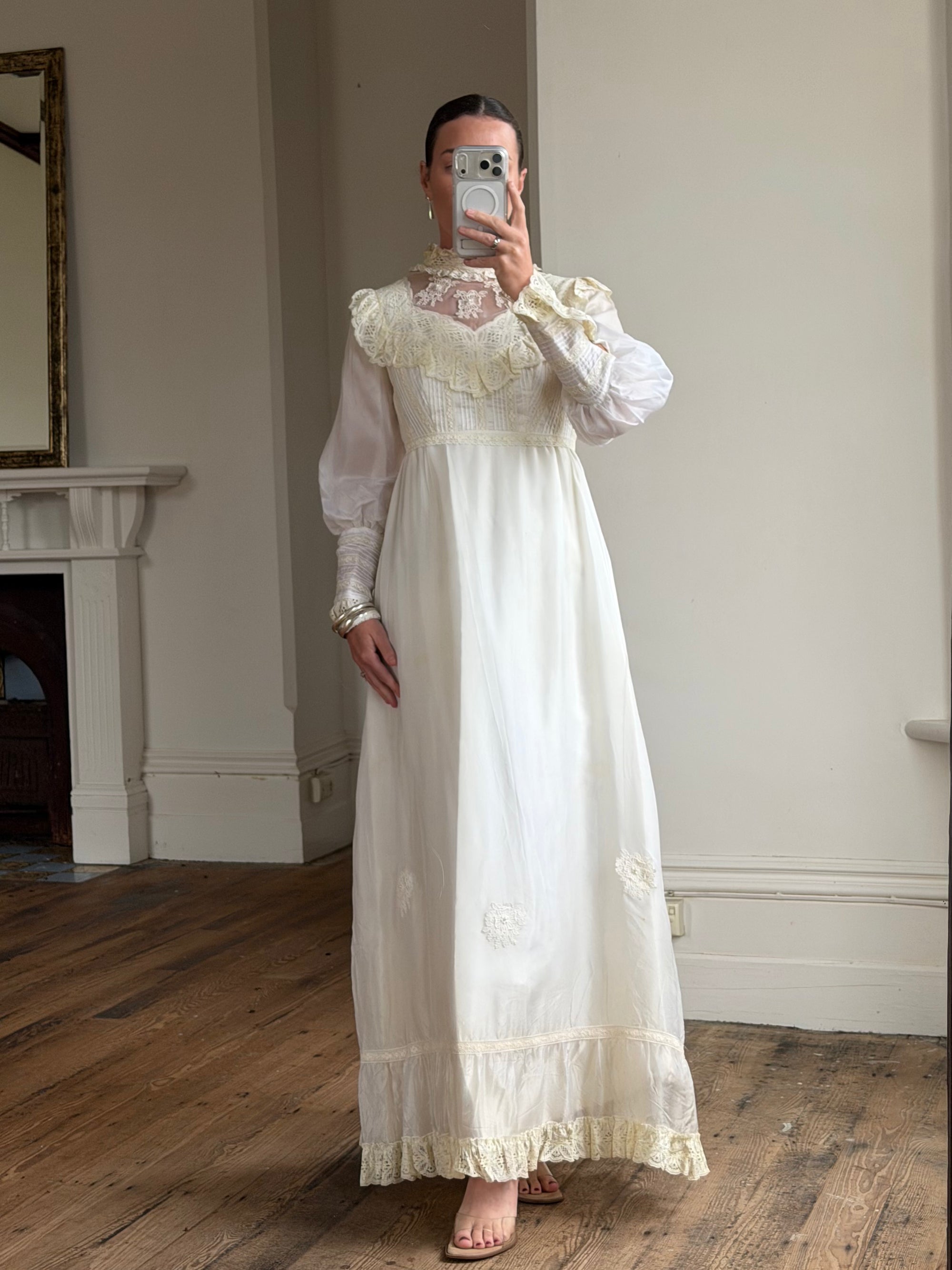 Vintage 60s Lace Yoke Pintuck Embroidered Prairie Wedding Dress