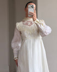 Vintage 60s Lace Yoke Pintuck Embroidered Prairie Wedding Dress