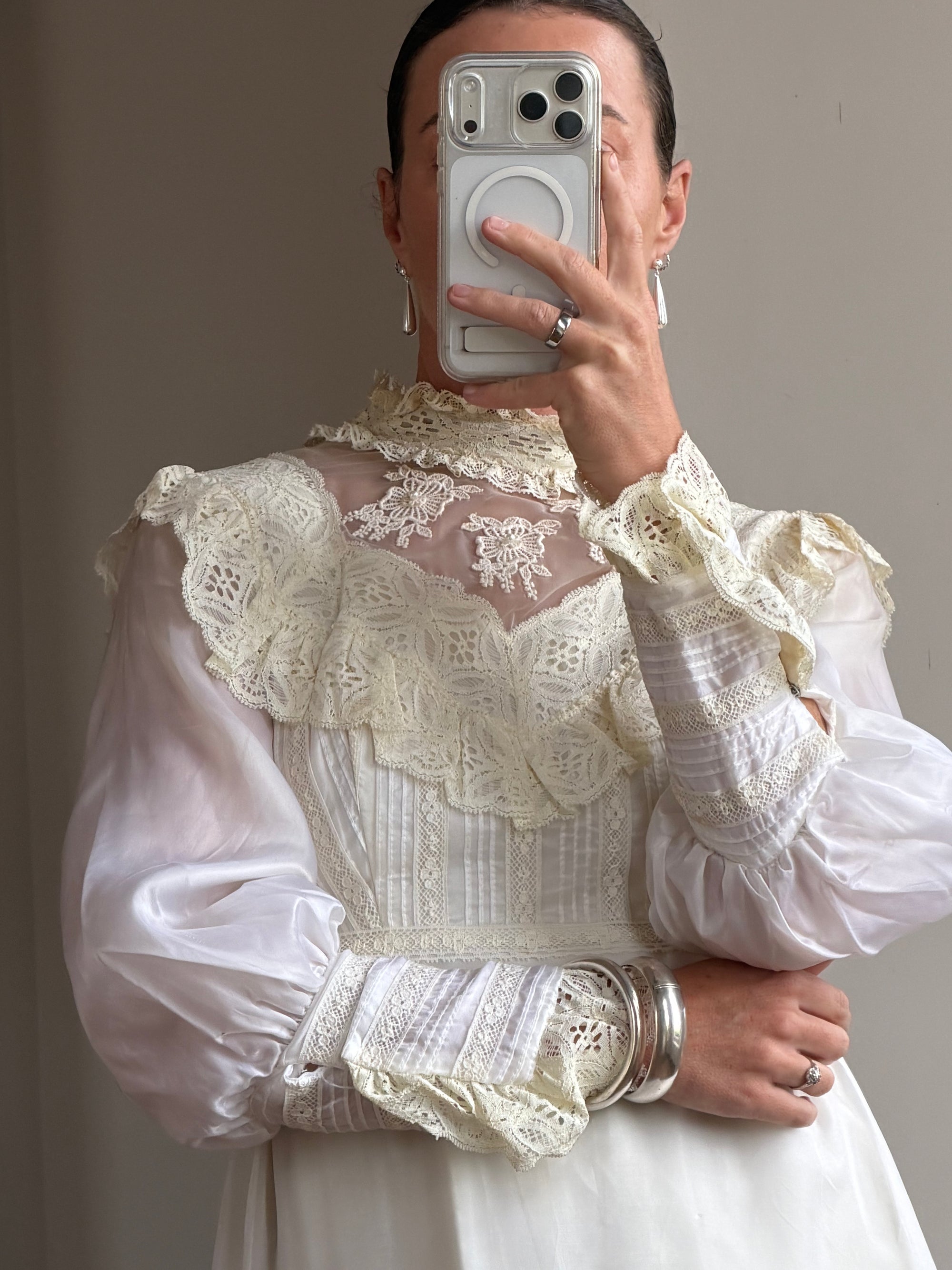 Vintage 60s Lace Yoke Pintuck Embroidered Prairie Wedding Dress
