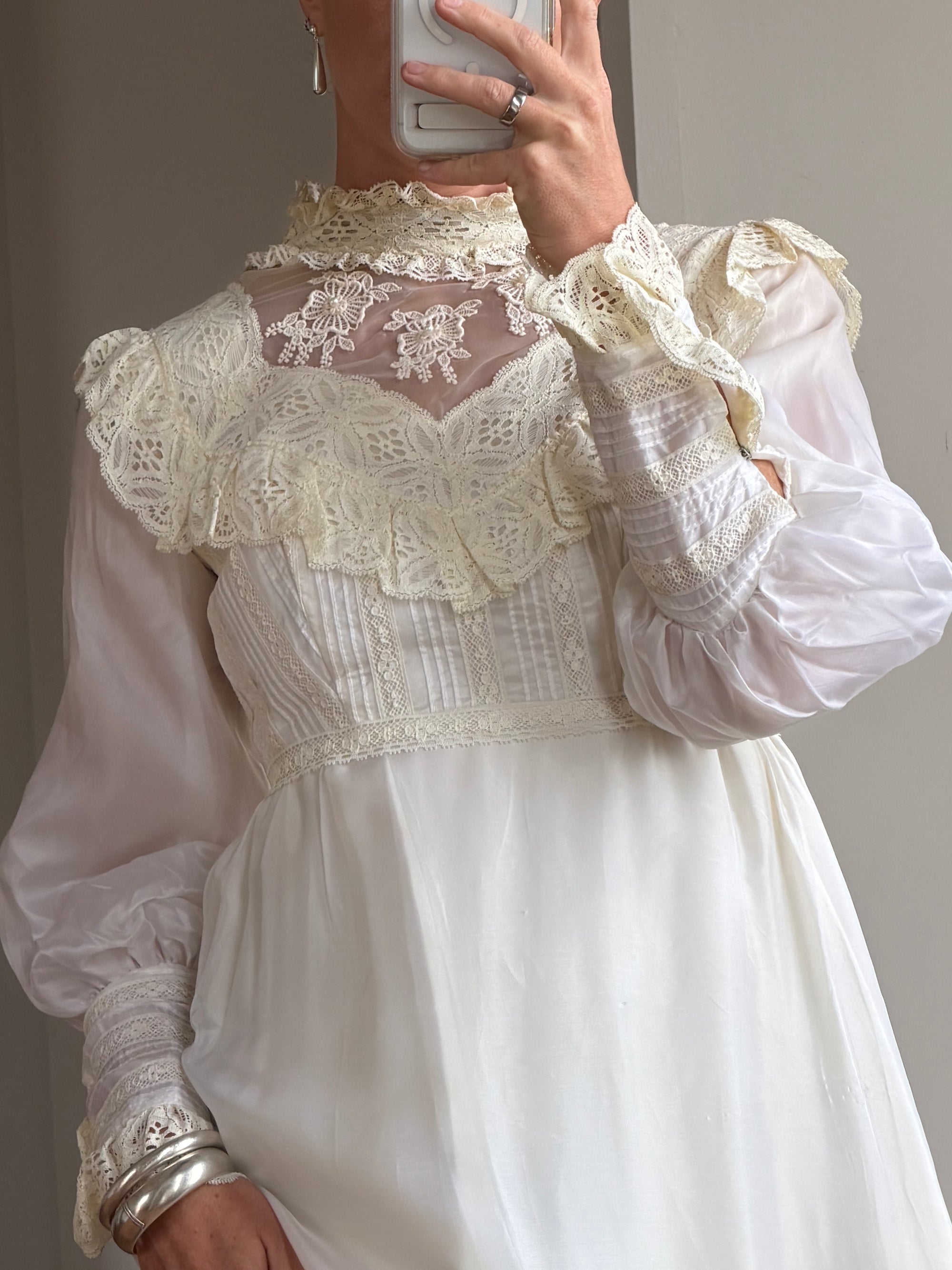 Vintage 60s Lace Yoke Pintuck Embroidered Prairie Wedding Dress