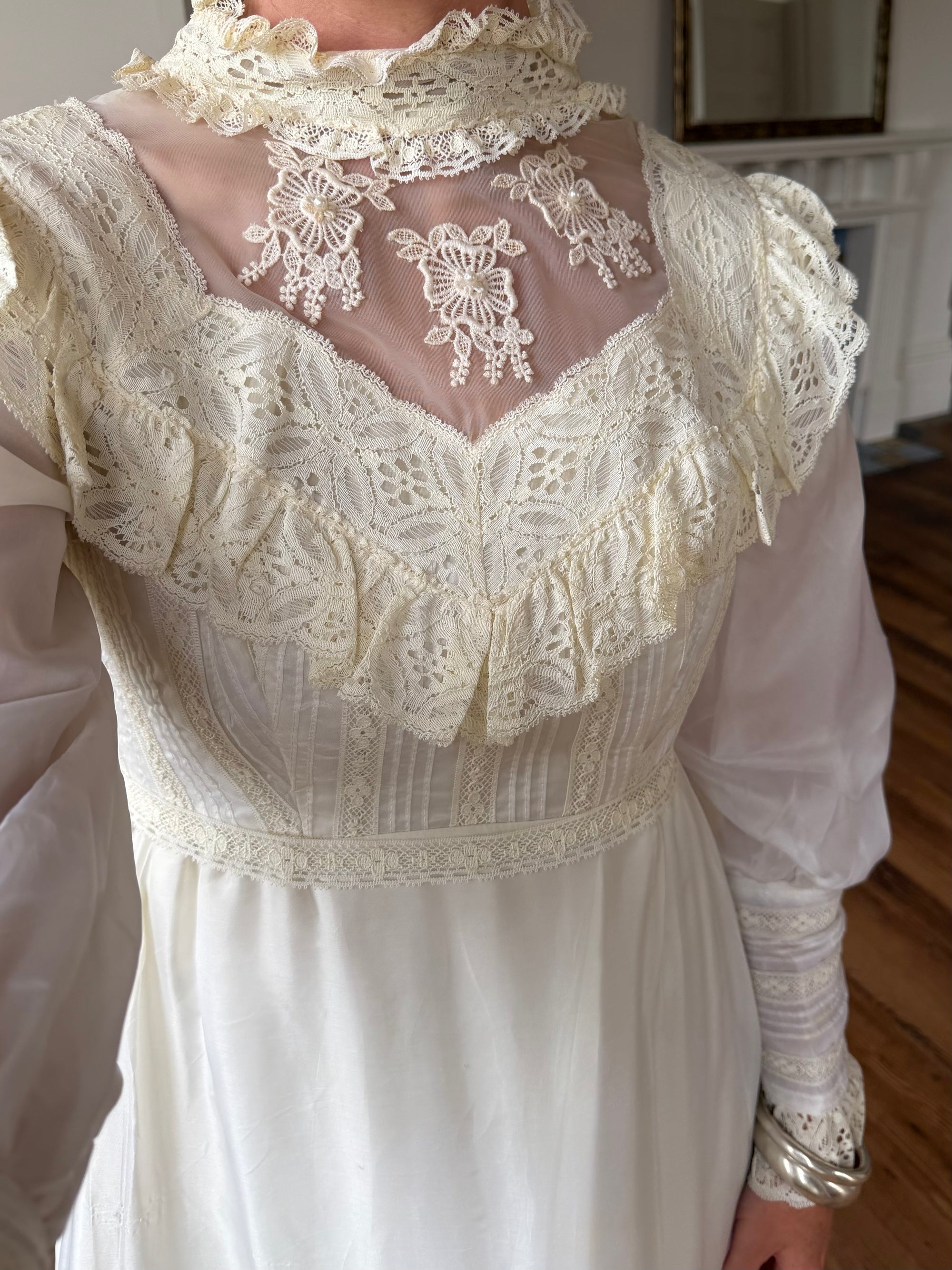 Vintage 60s Lace Yoke Pintuck Embroidered Prairie Wedding Dress