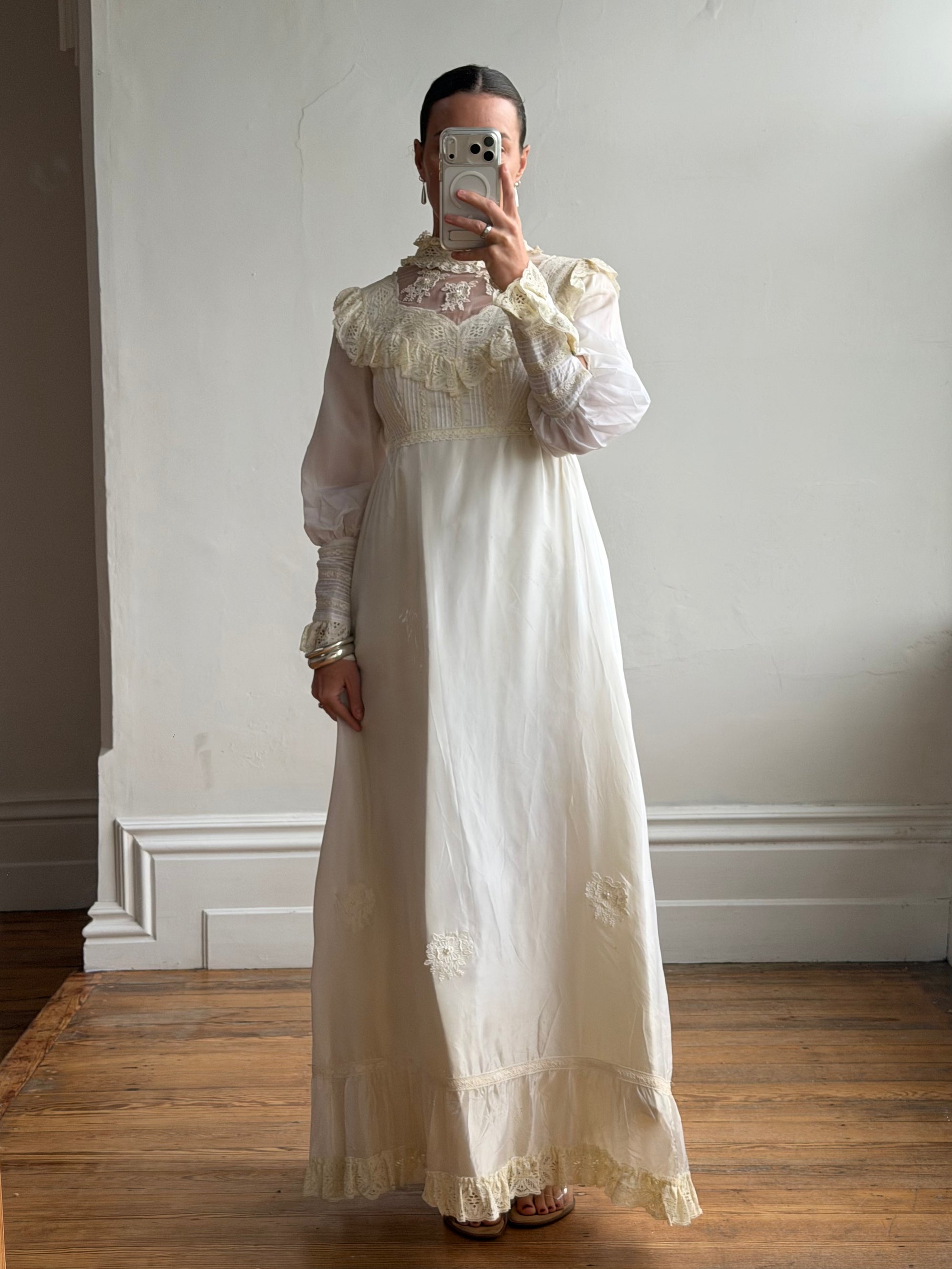 Vintage 60s Lace Yoke Pintuck Embroidered Prairie Wedding Dress