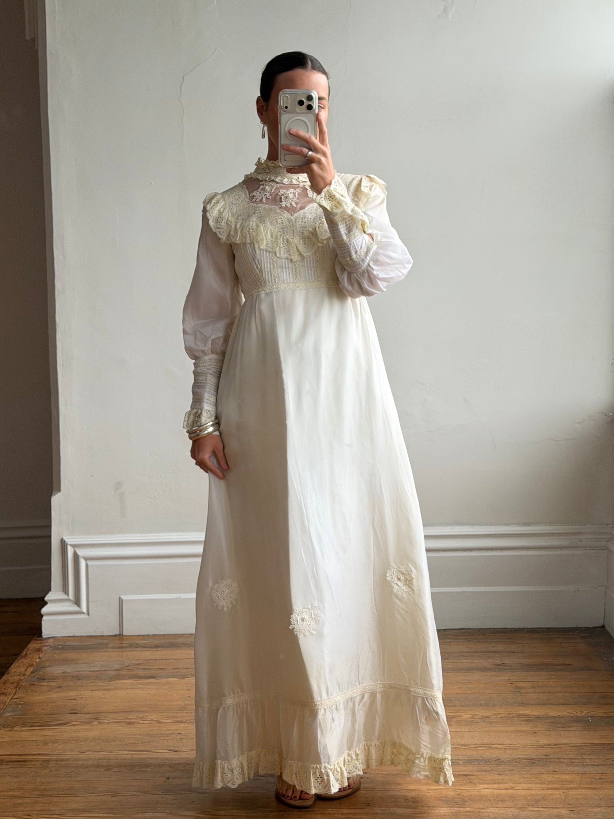 Vintage 60s Lace Yoke Pintuck Embroidered Prairie Wedding Dress