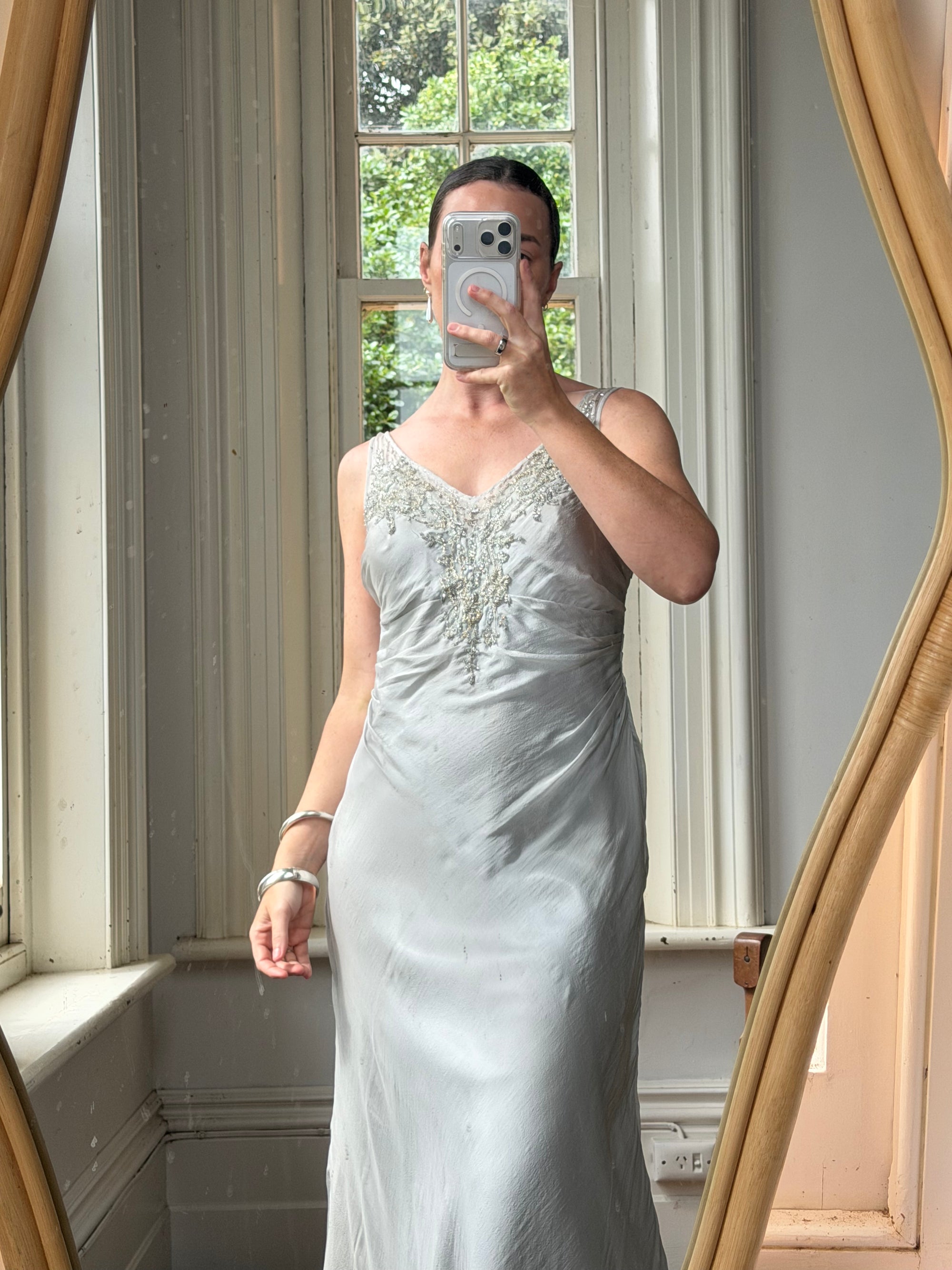 Vintage 90s Silver Grey Beaded Silk Slip Dress and Tie Shawl
