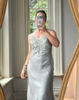 Vintage 90s Silver Grey Beaded Silk Slip Dress and Tie Shawl