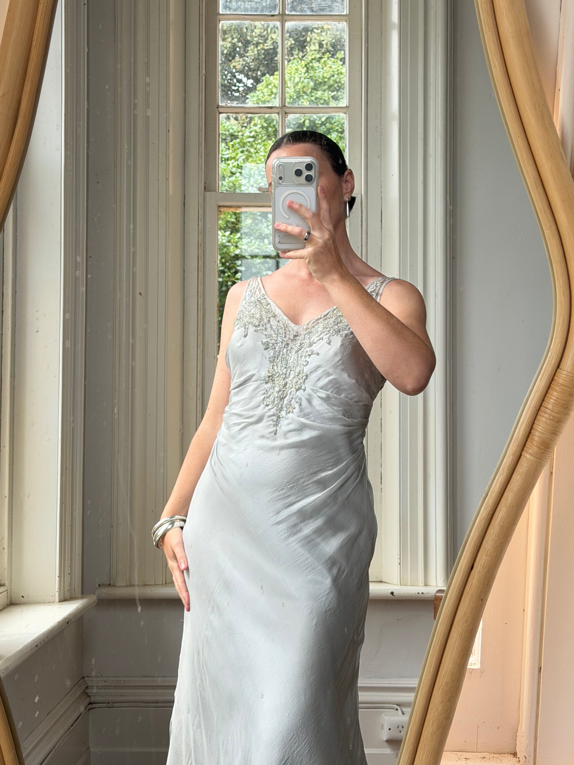 Vintage 90s Silver Grey Beaded Silk Slip Dress and Tie Shawl