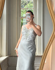 Vintage 90s Silver Grey Beaded Silk Slip Dress and Tie Shawl