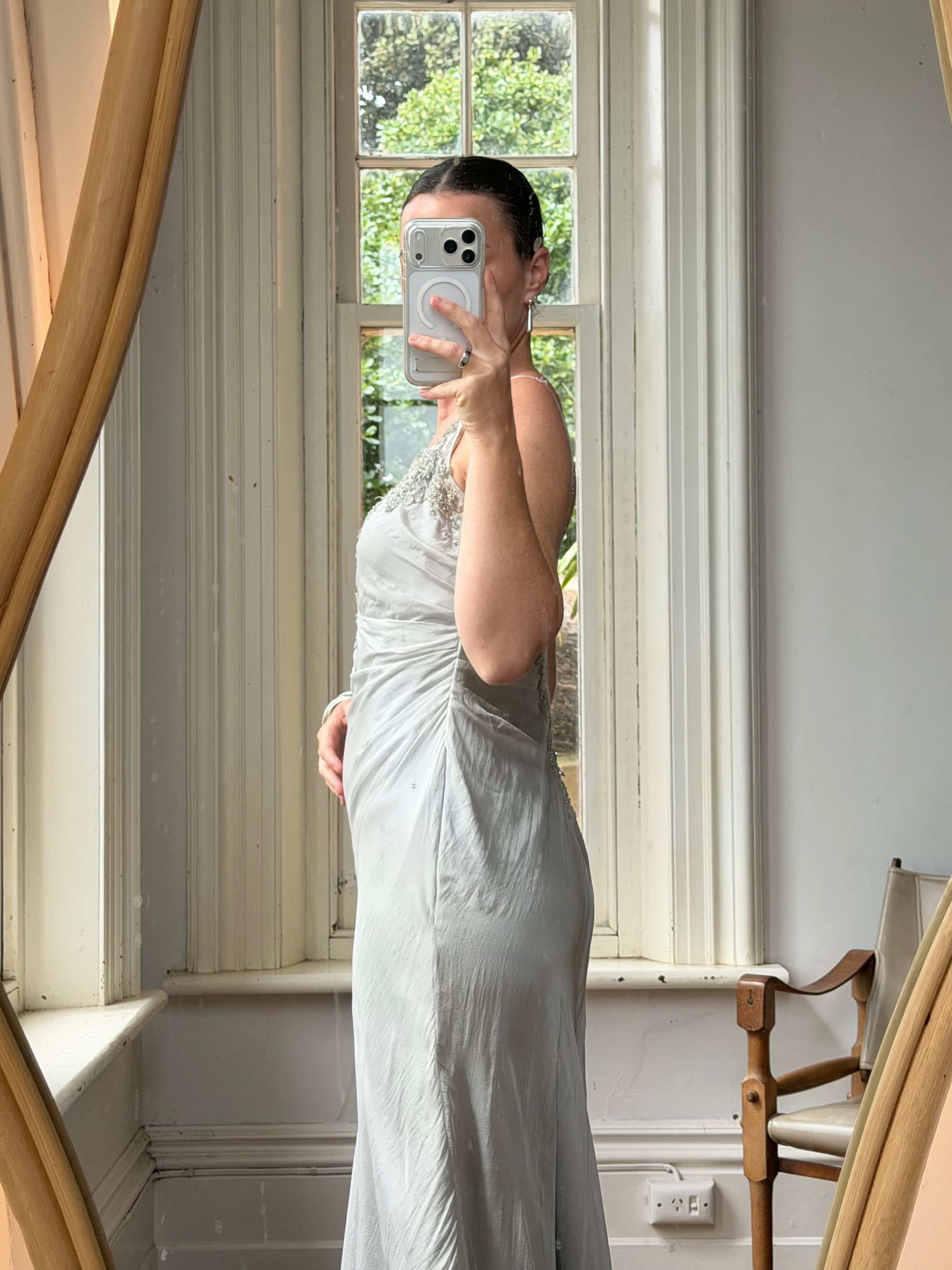 Vintage 90s Silver Grey Beaded Silk Slip Dress and Tie Shawl