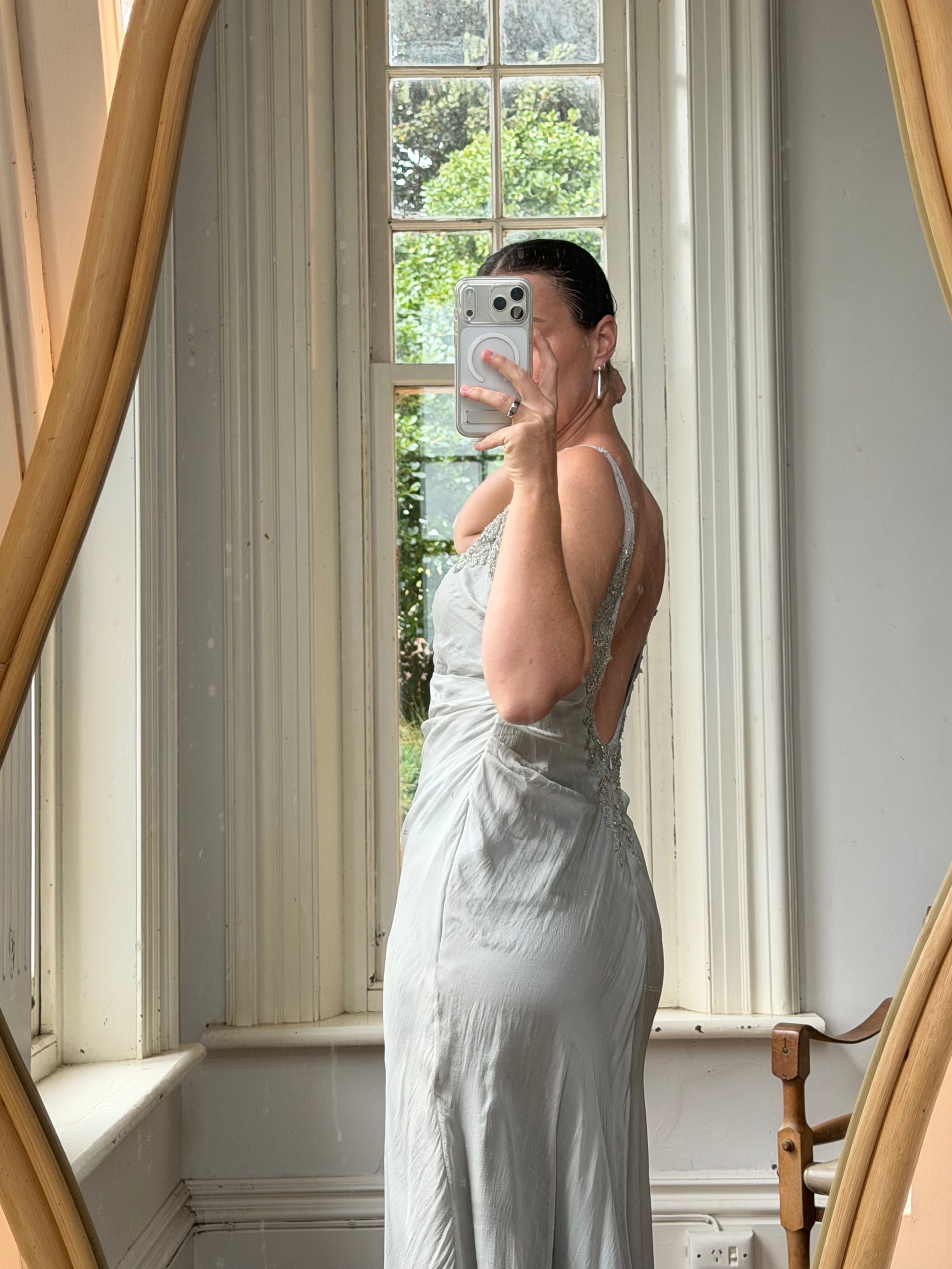 Vintage 90s Silver Grey Beaded Silk Slip Dress and Tie Shawl