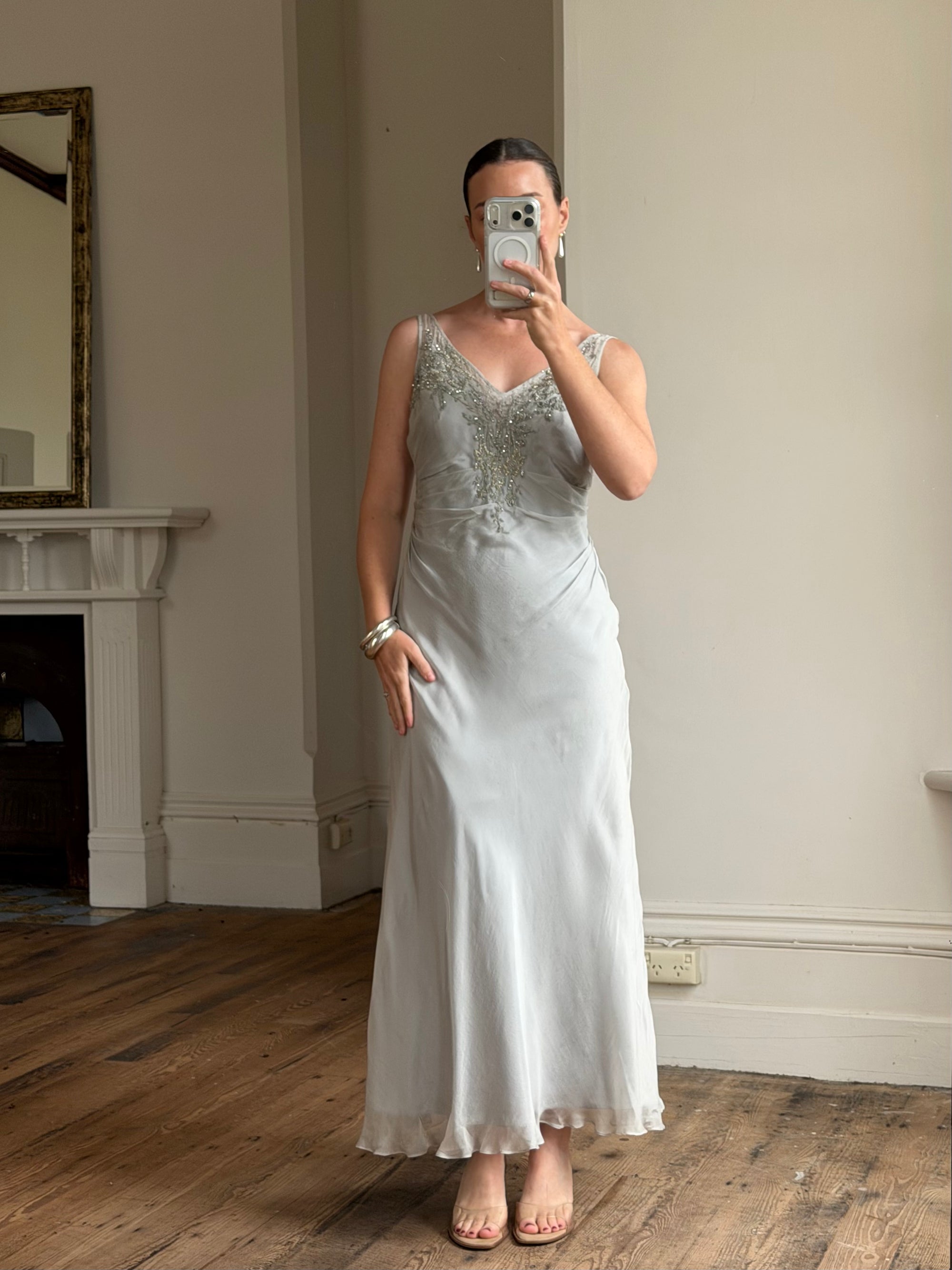 Vintage 90s Silver Grey Beaded Silk Slip Dress and Tie Shawl