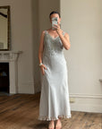 Vintage 90s Silver Grey Beaded Silk Slip Dress and Tie Shawl