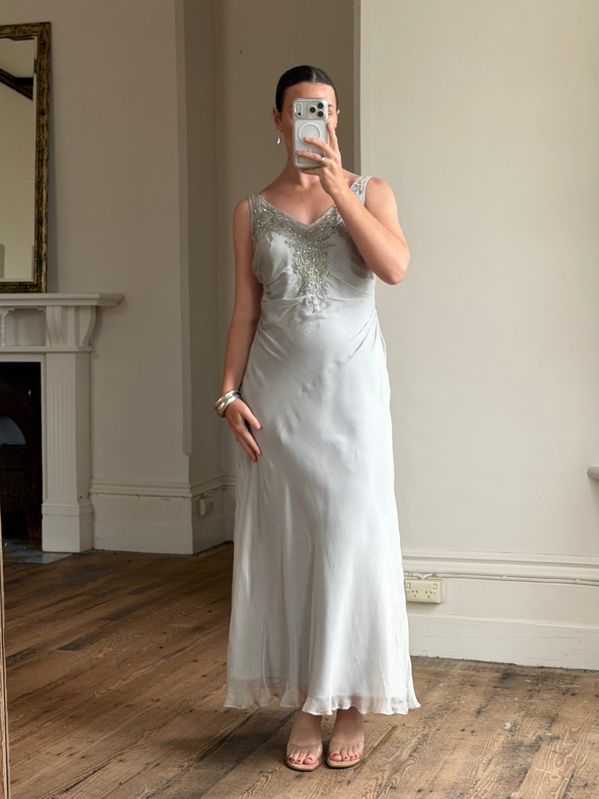 Vintage 90s Silver Grey Beaded Silk Slip Dress and Tie Shawl