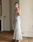 Vintage 90s Silver Grey Beaded Silk Slip Dress and Tie Shawl
