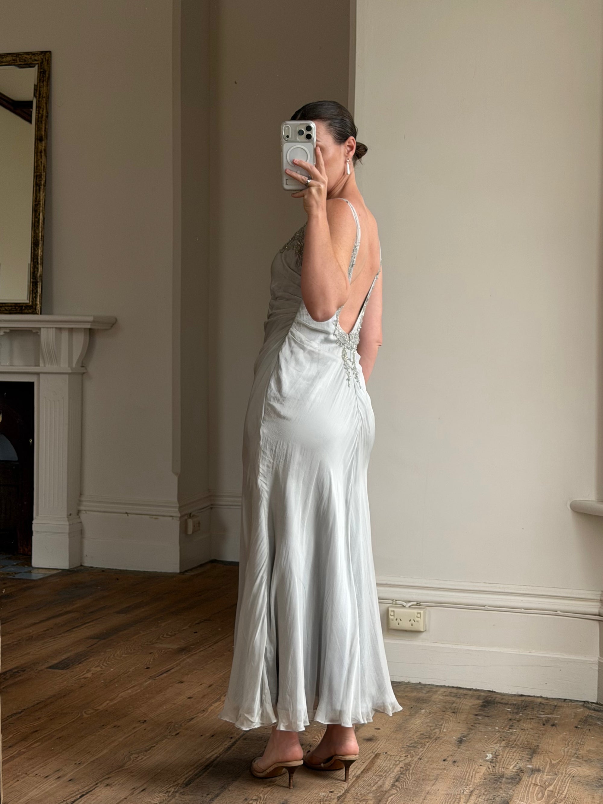 Vintage 90s Silver Grey Beaded Silk Slip Dress and Tie Shawl