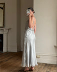 Vintage 90s Silver Grey Beaded Silk Slip Dress and Tie Shawl