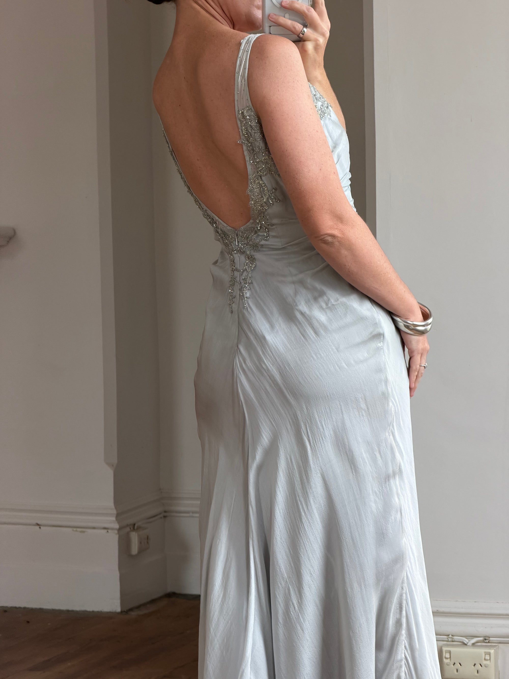 Vintage 90s Silver Grey Beaded Silk Slip Dress and Tie Shawl