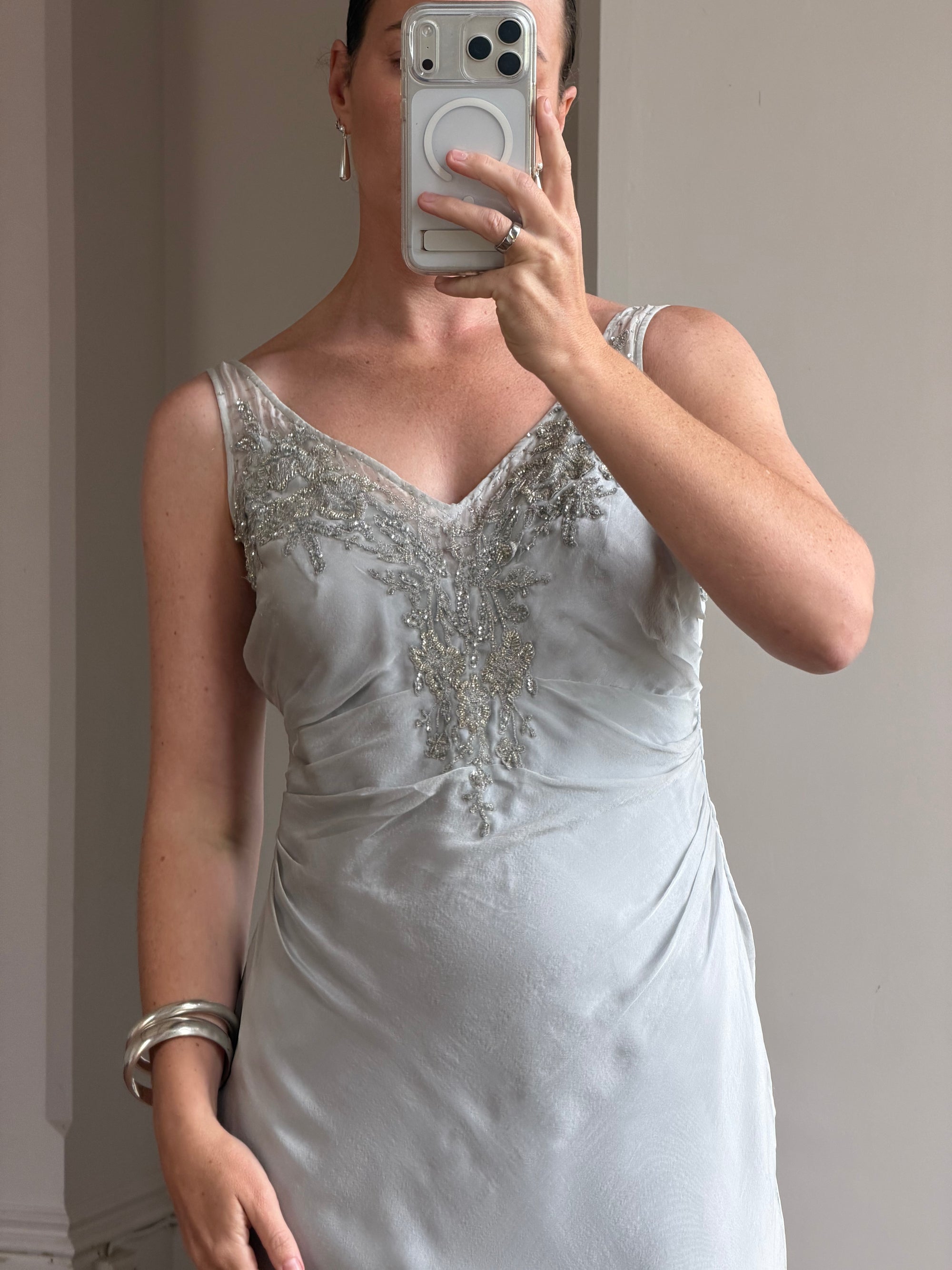Vintage 90s Silver Grey Beaded Silk Slip Dress and Tie Shawl