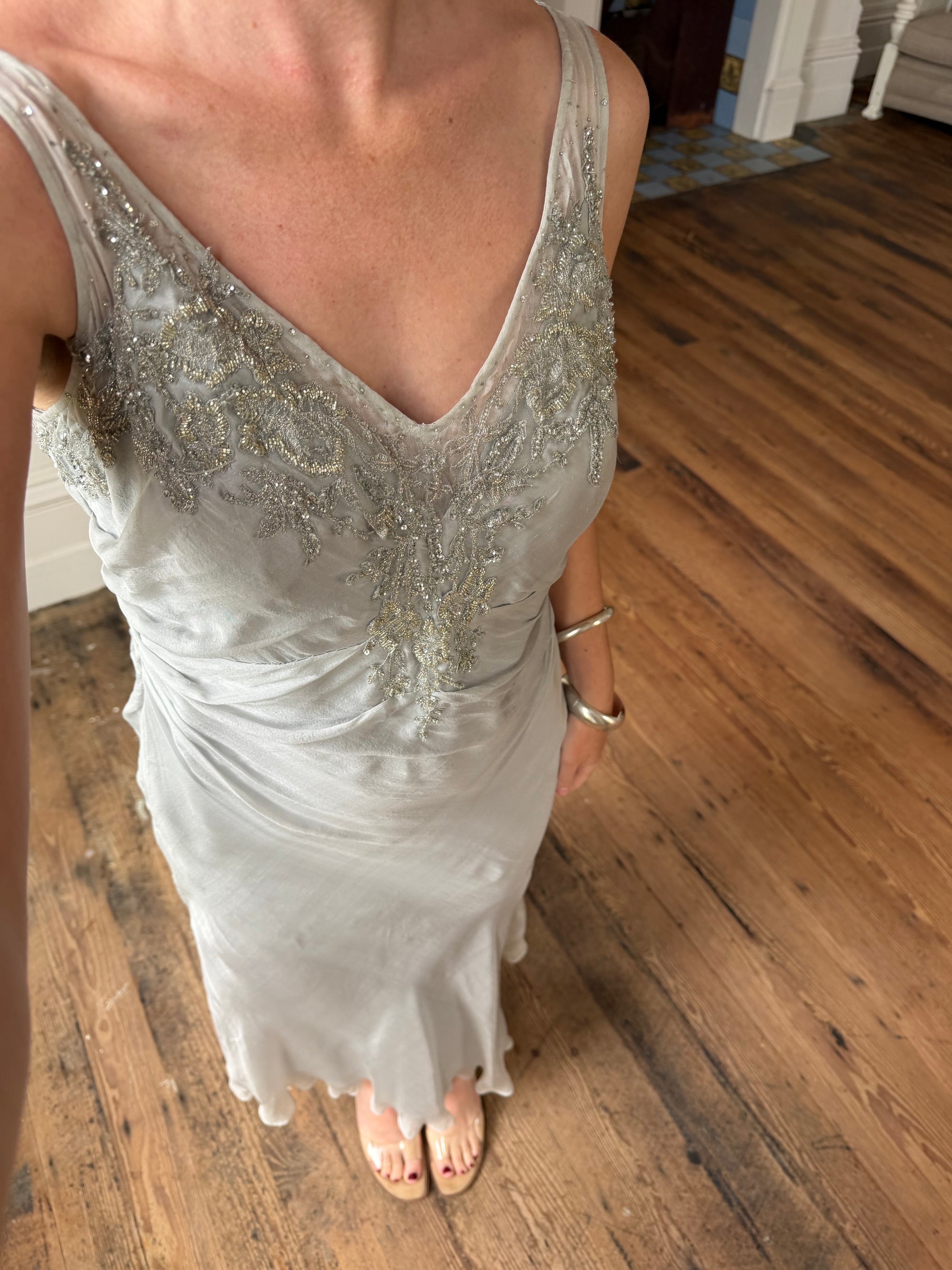 Vintage 90s Silver Grey Beaded Silk Slip Dress and Tie Shawl