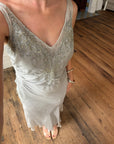 Vintage 90s Silver Grey Beaded Silk Slip Dress and Tie Shawl