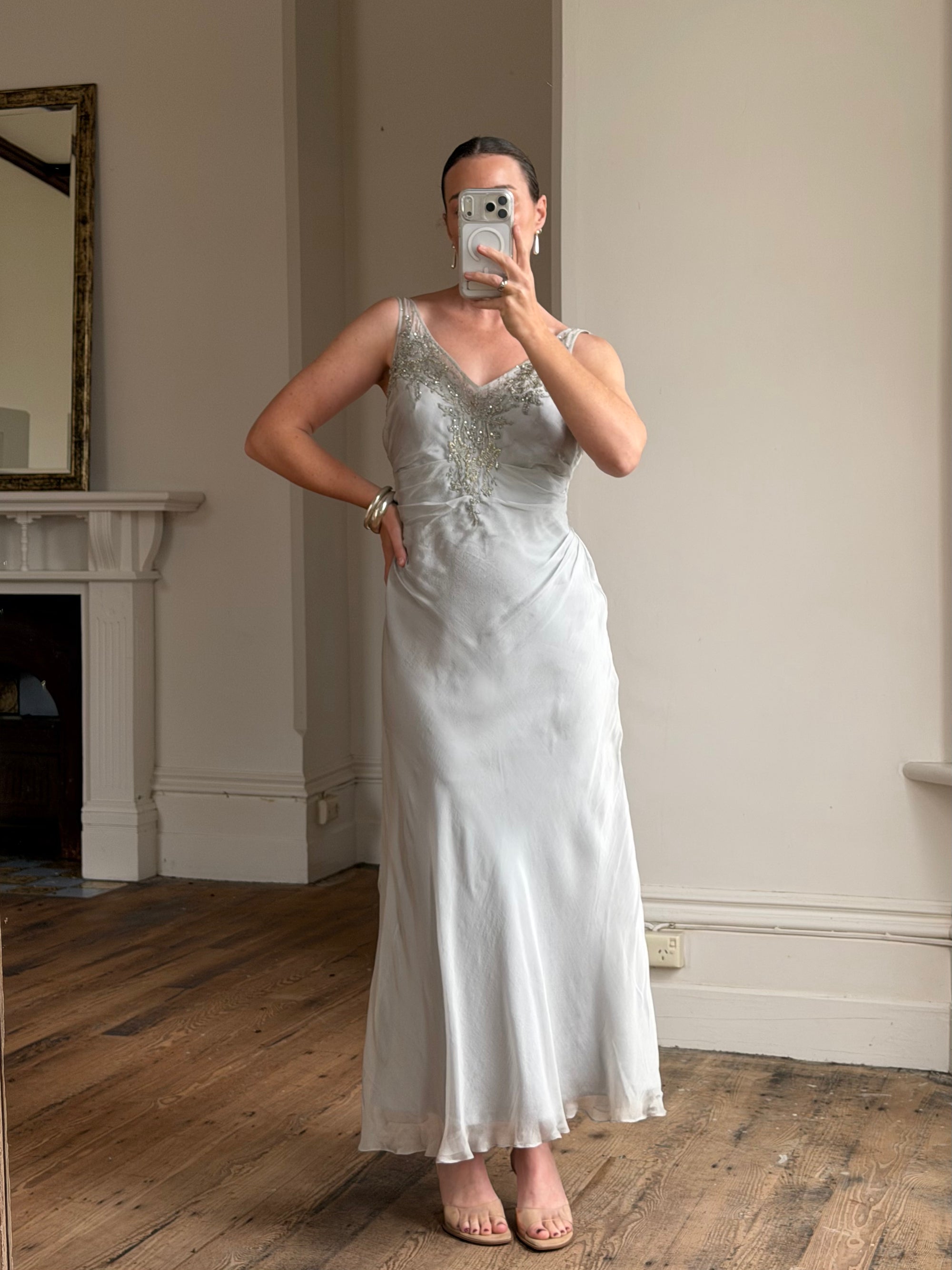 Vintage 90s Silver Grey Beaded Silk Slip Dress and Tie Shawl